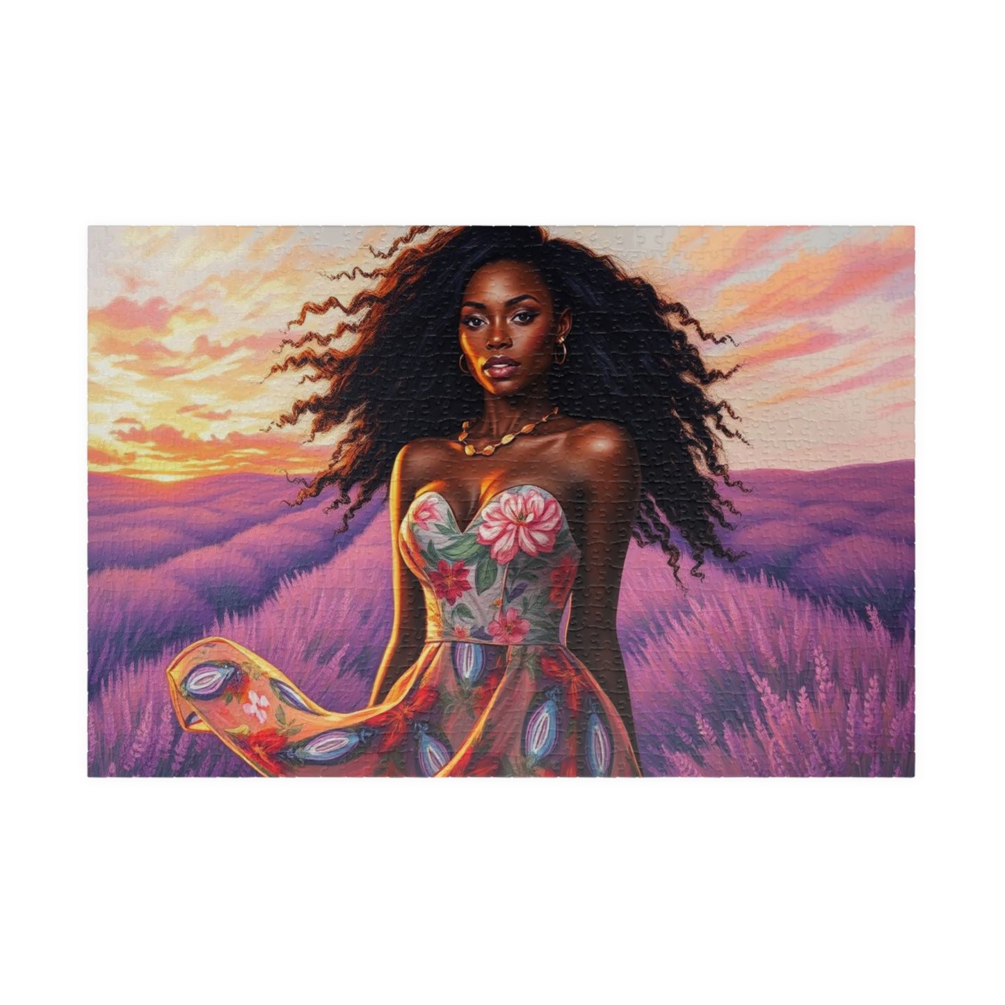 Floral Black Woman Art Puzzle - Lavender Field Jigsaw Game, Gift for Flower Lover, Home Entertainment, Family Fun, Art Enthusiast 1014 pcs (Horizontal) Puzzle The Puzzle Chest