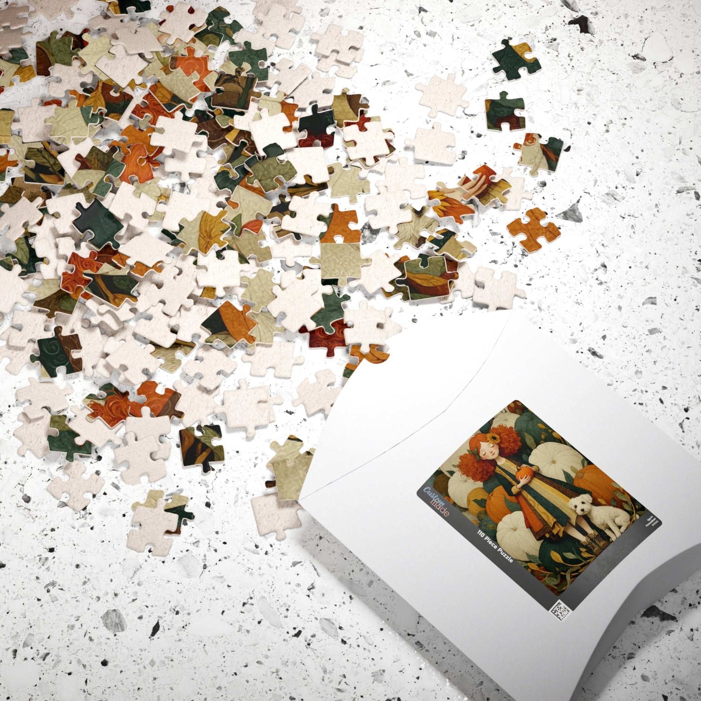 Red-Haired Girl and White Terrier in a Storybook Pumpkin Patch Fairy-Tale Jigsaw Puzzle Puzzle The Puzzle Chest
