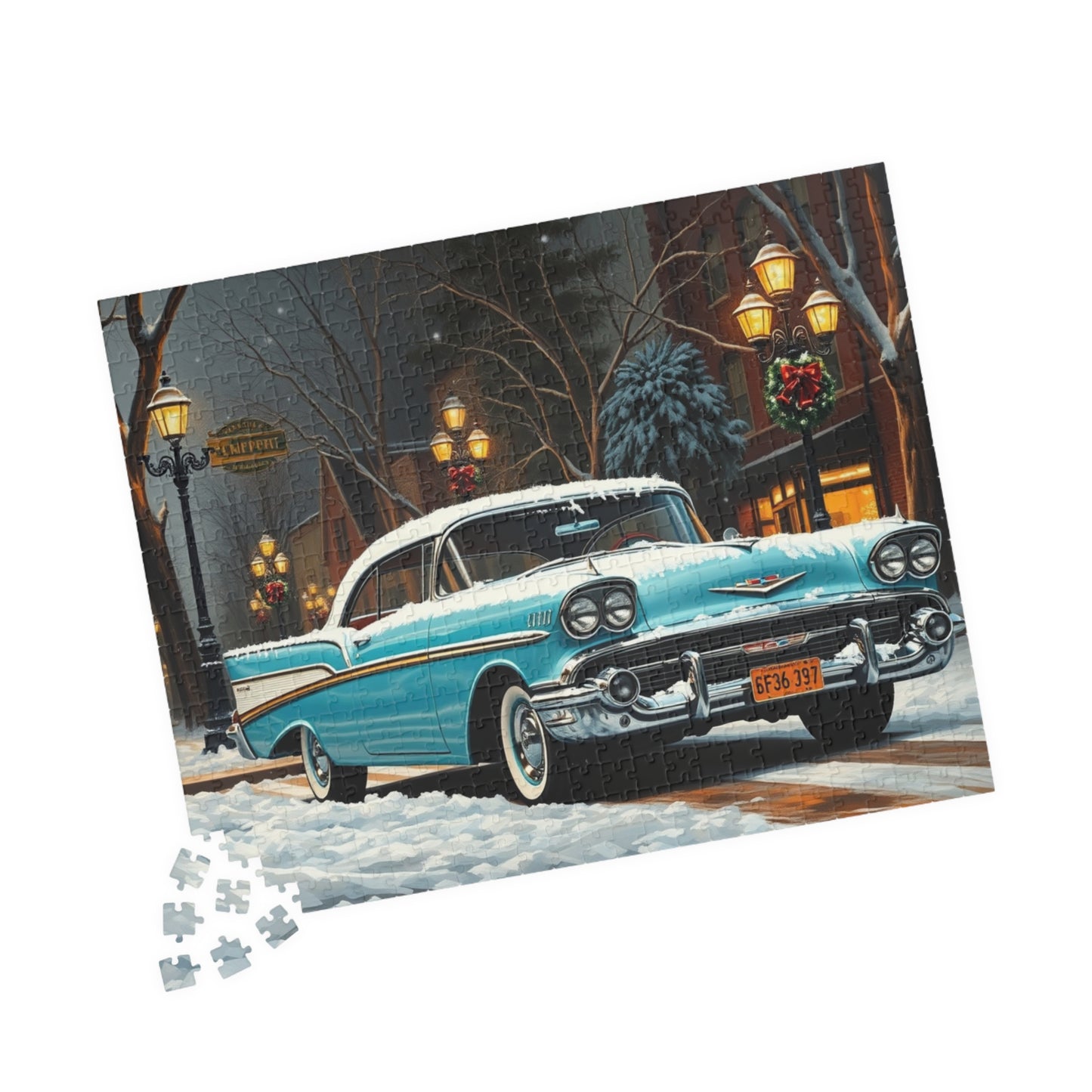 Vintage Car Puzzle - Winter Scene, Retro Classic Vehicle 1957 Bel Air Jigsaw Game Puzzle The Puzzle Chest
