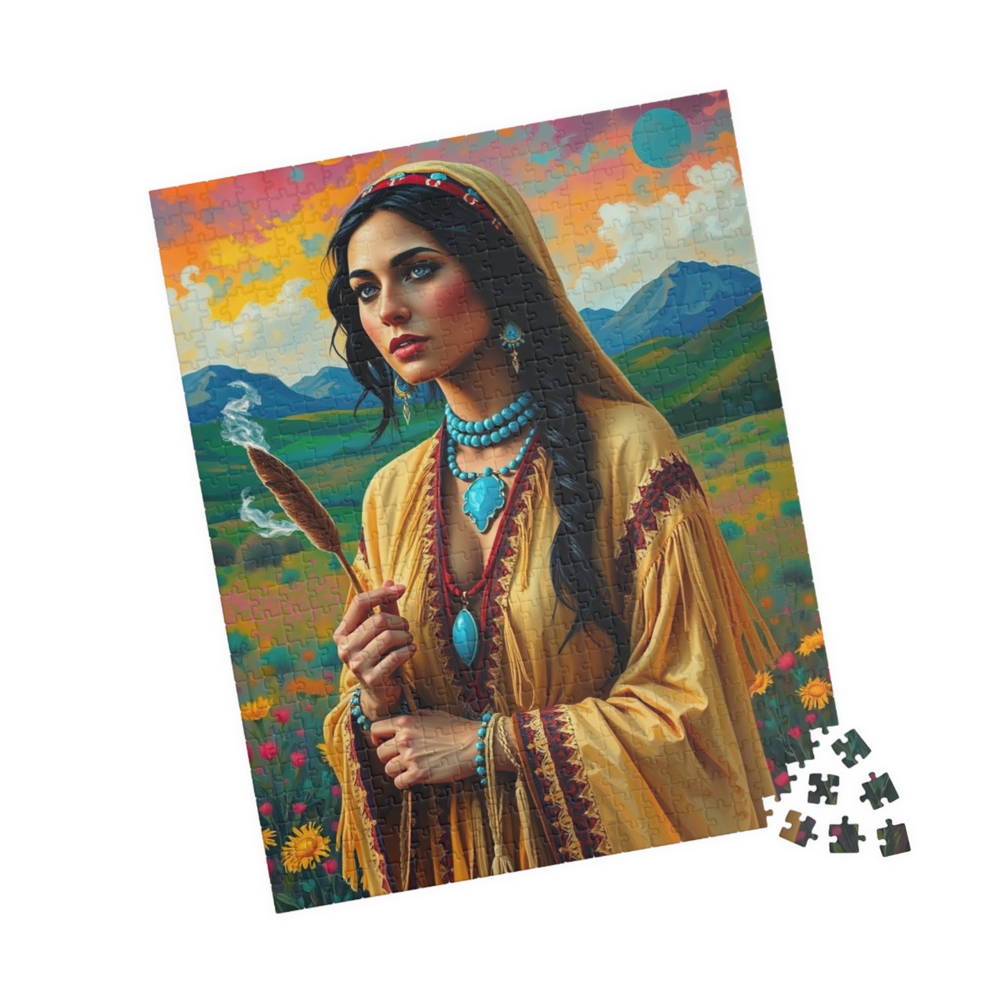 Spiritual Indigenous Bride Puzzle with Turquoise Jewelry and Smudge Stick, Colorful Landscape Wedding Jigsaw Game, Unique Puzzle Lover Gift Puzzle The Puzzle Chest