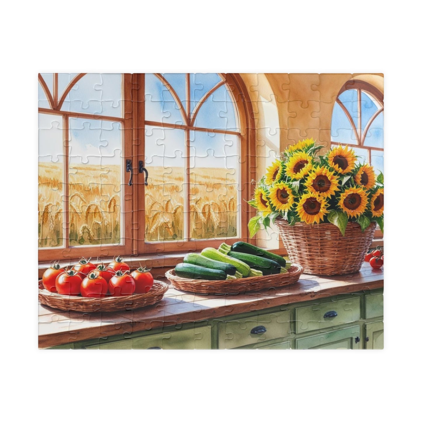 Summer Harvest Puzzle, Farmhouse Kitchen Jigsaw Game, 110 252 520 1014-Piece - Tomatoes Zucchini Sunflowers Golden Wheat Fields 110 pcs (Horizontal) Puzzle The Puzzle Chest