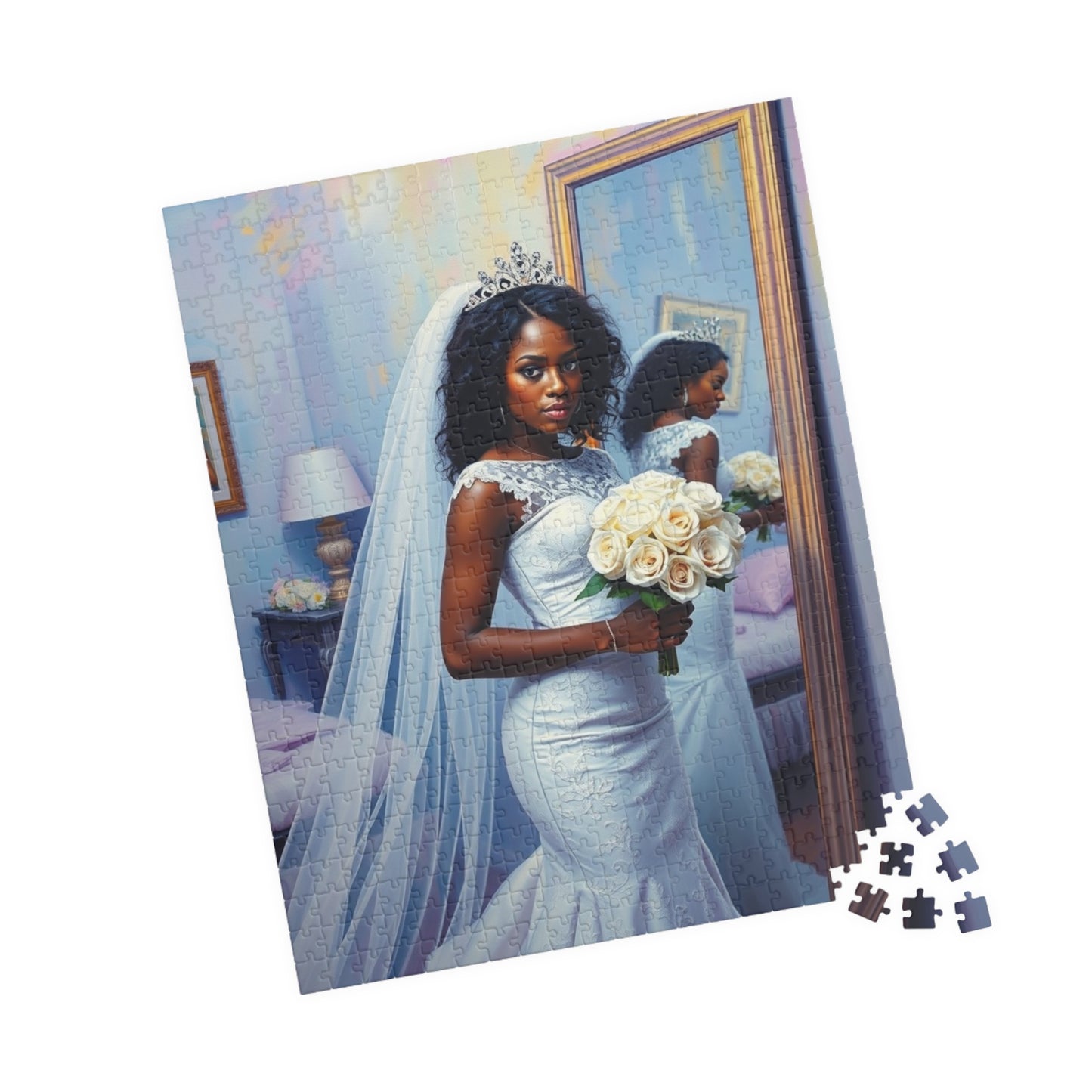 African American Bride Puzzle, White Lace Gown and Tiara, Black Woman Wedding Day Reflection Jigsaw Game Puzzle The Puzzle Chest