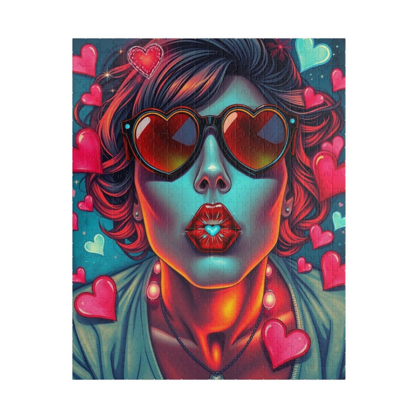 Hearts and Kisses Jigsaw Puzzle, Woman Blowing a Kiss, Comic Pop Art Nostalgic Game for Fun Gathering, Gift for Puzzle Lover, Family Night