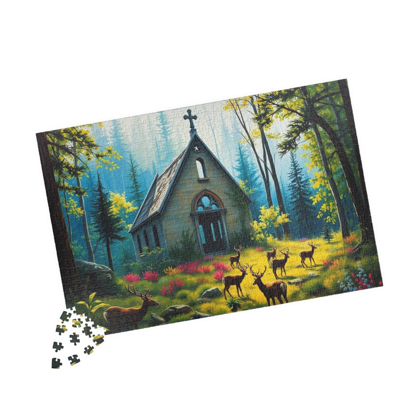 Sancturary Reclaimed Jigsaw Puzzle - Collapsed Chapel in Forest, Deer Puzzle, Gothic Puzzle, Serene Nature Puzzle, Wildlife Art Print Puzzle The Puzzle Chest
