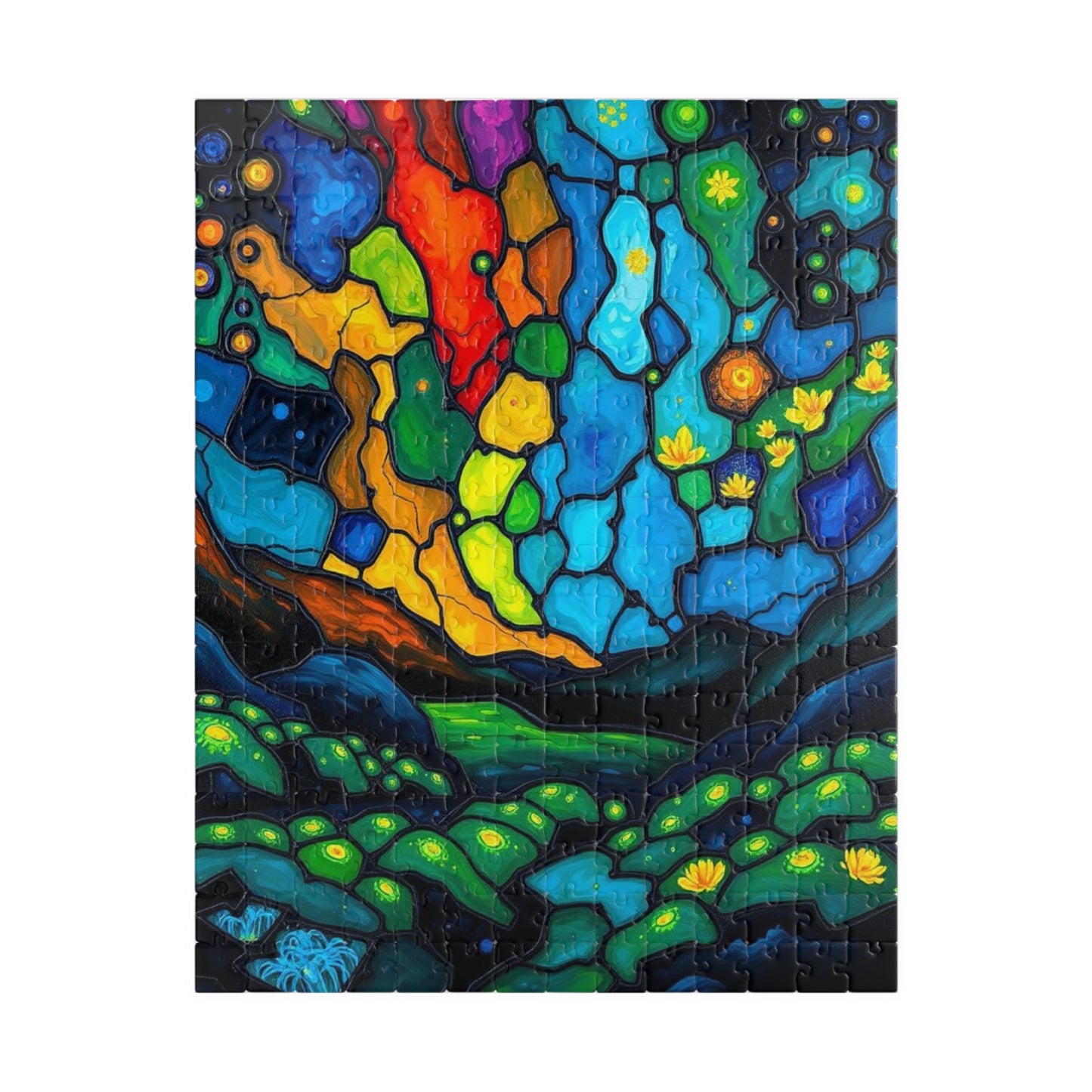 Radiant Understory Landscape Jigsaw Puzzle, Stained Glass Style Nature-Themed Abstract Puzzle for Family Fun, Gifts, Home Decor, Game Nights