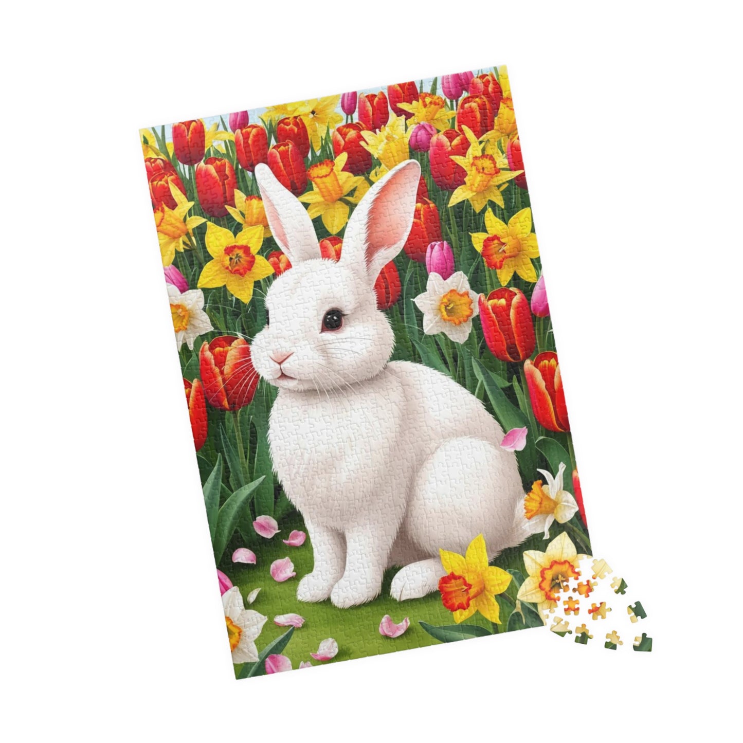 Puzzle - Fluffy Rabbit in Colorful Garden with Tulips and Daffodils, Fun Nature Jigsaw Game, Relaxing Hobby, Easter Gift, Mindful Activity Puzzle The Puzzle Chest