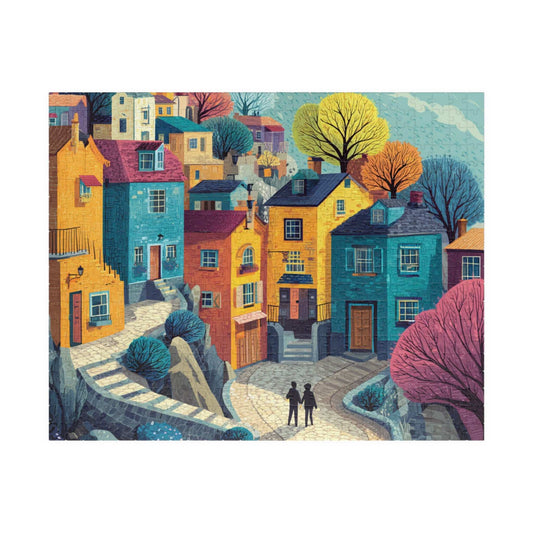 Bright Cheerful Town Jigsaw Puzzle – Artistic Houses, Winding Path, and Whimsical Neighborhood Landscape Puzzle The Puzzle Chest