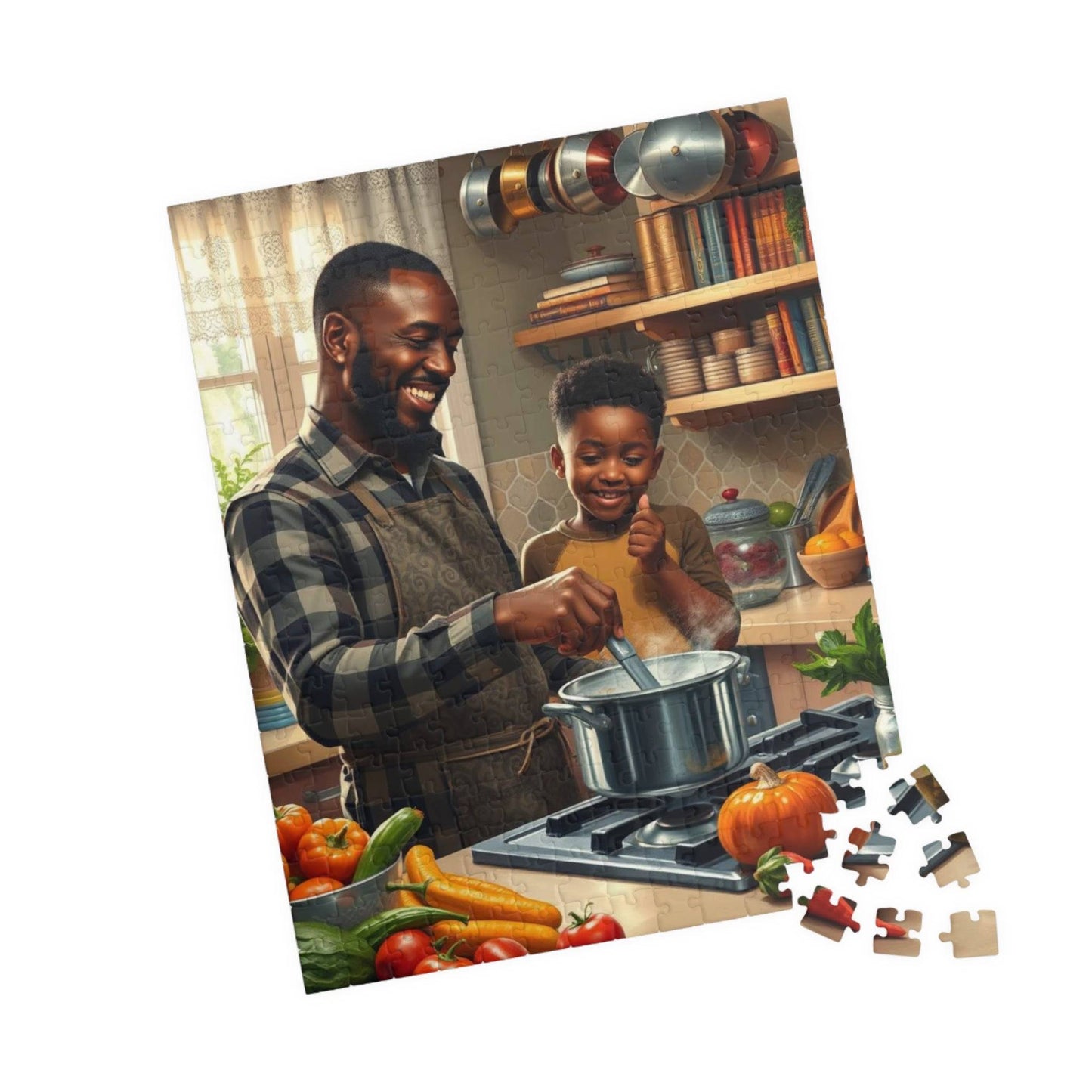 Black Family Cooking Jigsaw Puzzle - African American Father and Son Kitchen Scene, Afrocentric Art 252 pcs (Vertical) Puzzle The Puzzle Chest