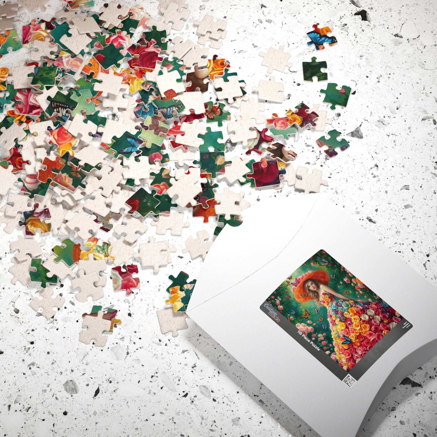 Lady of the Rainbow Rose Garden - Vibrant Floral Butterfly Fantasy Jigsaw Puzzle