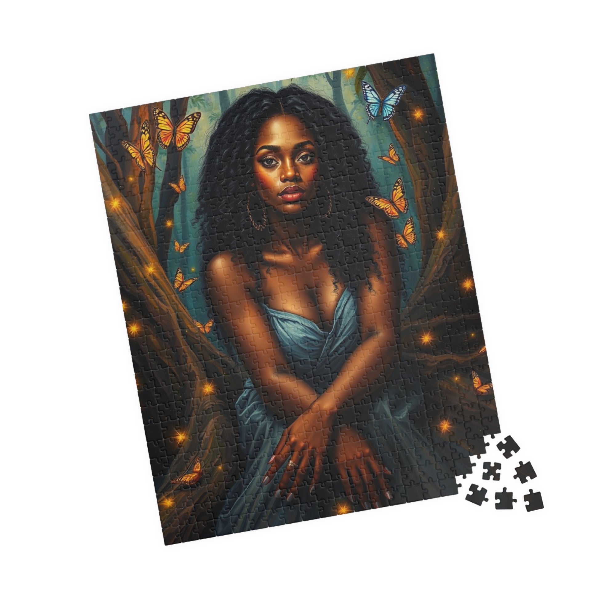 Afrocentric Jigsaw Puzzle - Black Woman in Mystical Forest, Fireflies and Butterflies Design, Relaxing Indoor Family or Solo Activity, Gift Puzzle The Puzzle Chest