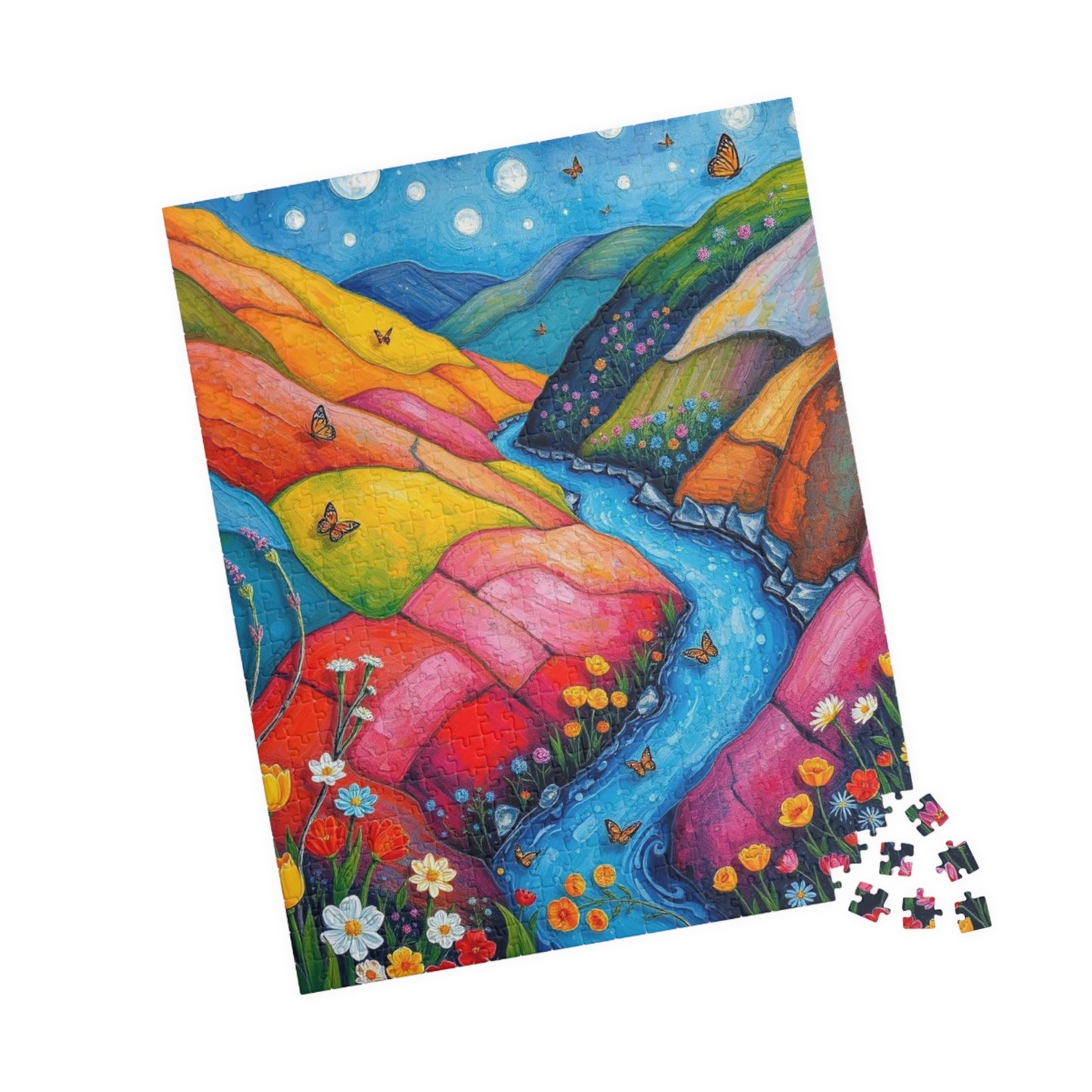 Meadow Stream Melody - River Through Candy Hill Jigsaw Puzzle Collection, Beautiful Nature Puzzle, Colorful Landscape Art, Puzzle Lover Gift, Family Fun, 110/252/520/1014 Puzzle The Puzzle Chest