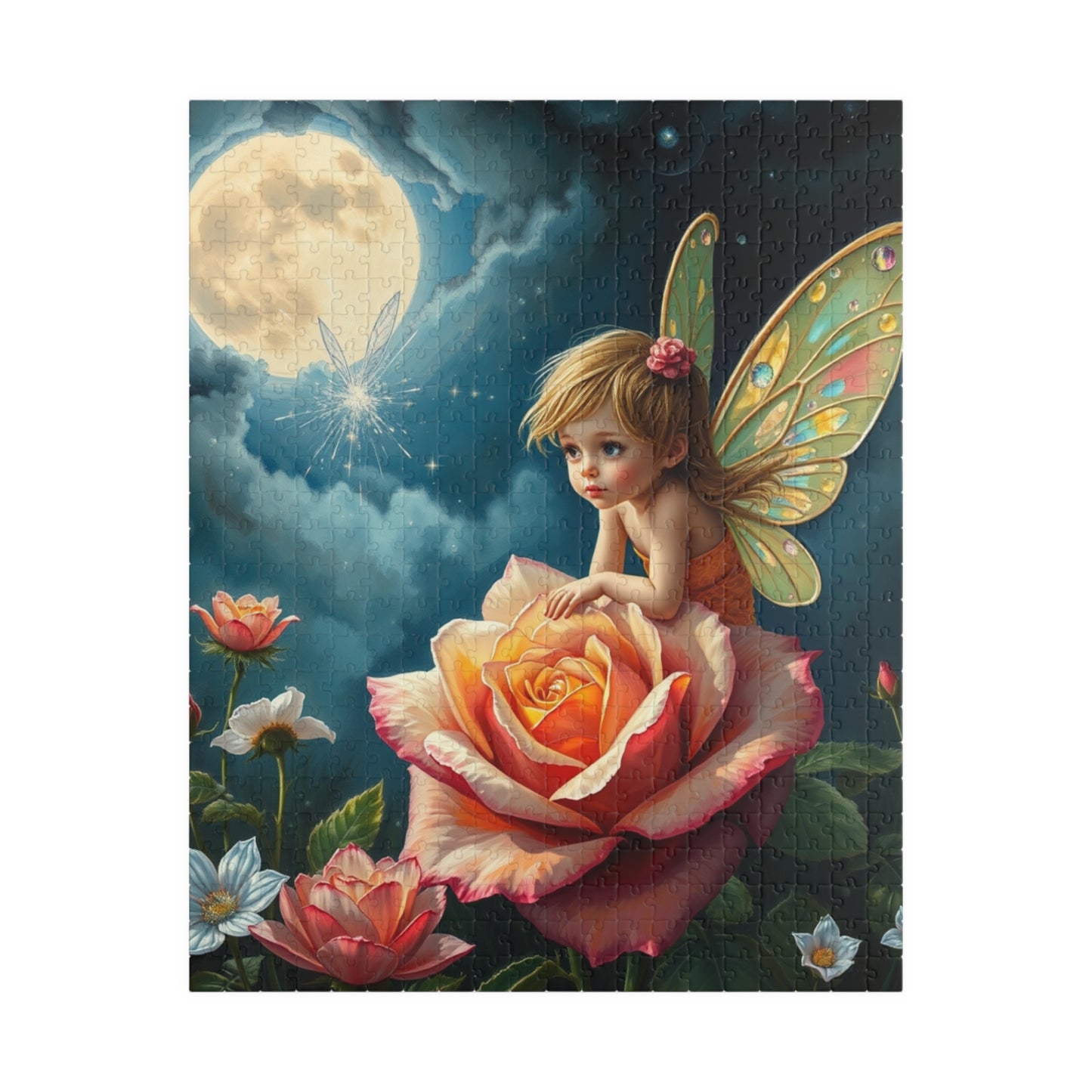 Fairy and Rose Jigsaw Puzzle, Fairy Perched on Dew-Covered Rose in Moonlit Meadow, Brain Teaser, Fun Family Activity, Fantasy Lover Gift 520 pcs (Vertical) Puzzle The Puzzle Chest