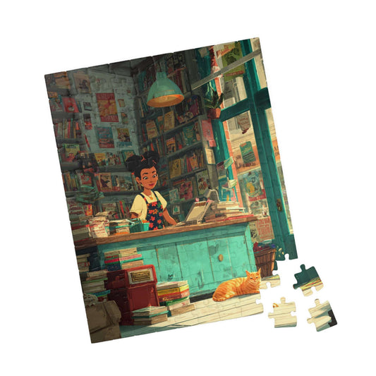 The Bookstore Cat - Whimsical Cartoon Cozy Bookshop Jigsaw Puzzle, Family Activity, Cat Lovers Gift, Perfect for Game Night 110 pcs (Vertical) Puzzle The Puzzle Chest