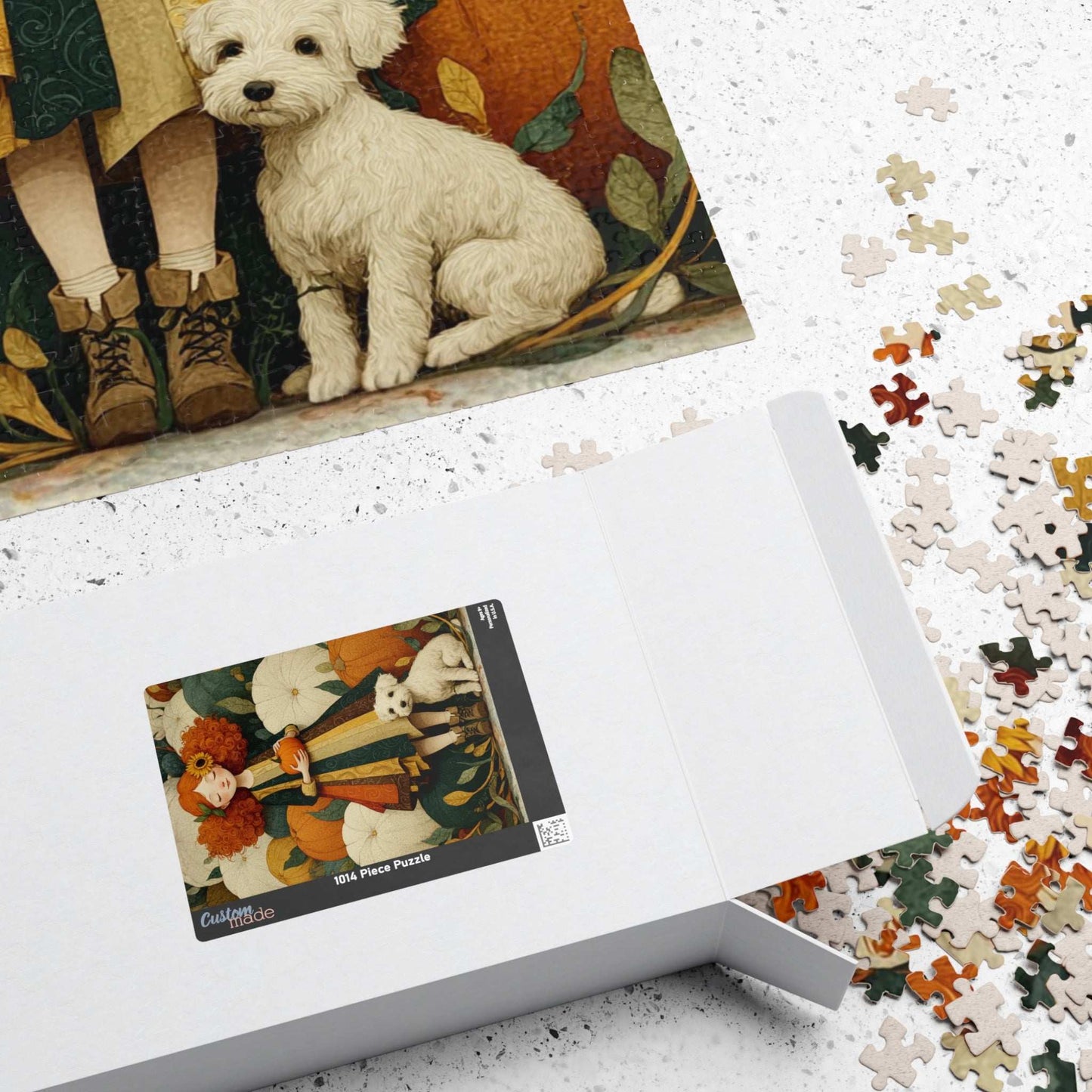 Red-Haired Girl and White Terrier in a Storybook Pumpkin Patch Fairy-Tale Jigsaw Puzzle Puzzle The Puzzle Chest