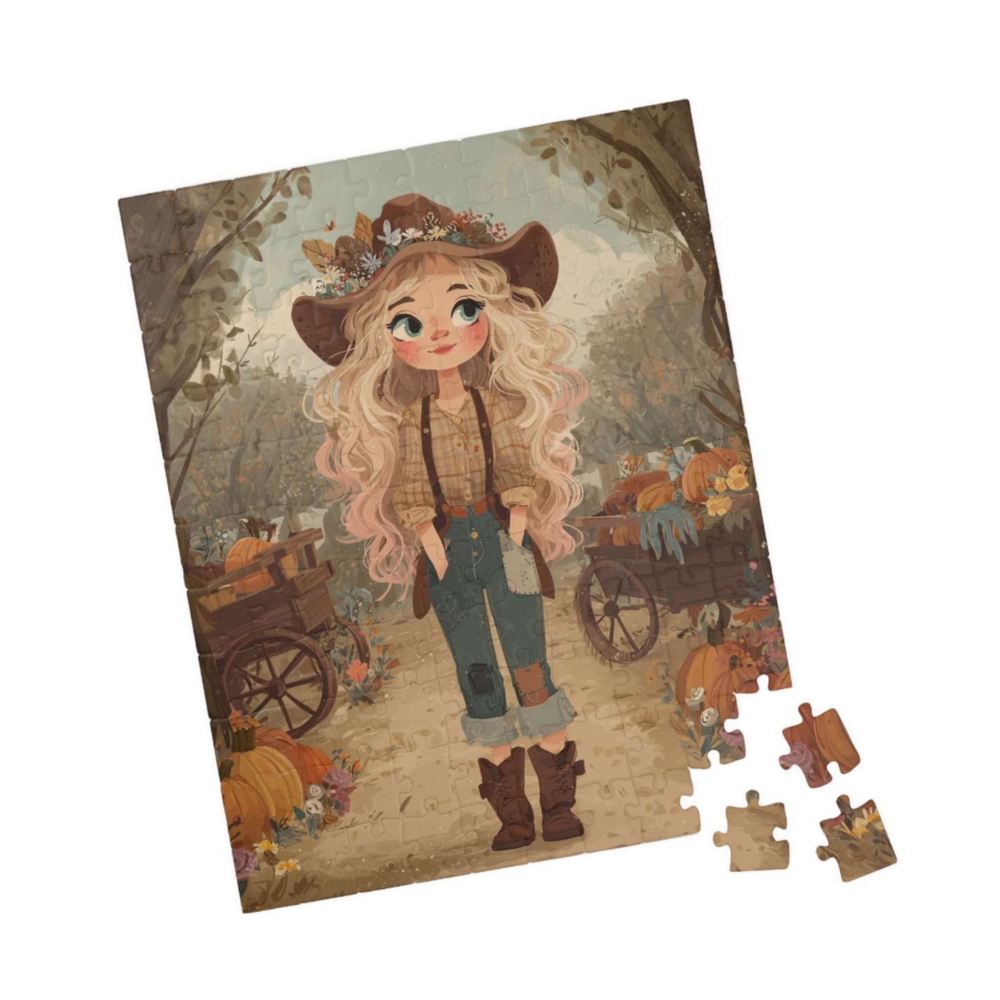 2010s Autumn Cowgirl Jigsaw Puzzle - Hipster Orchard, Fall Theme Game for Family Game Night, Puzzle Lover Gift for Halloween & Thanksgiving 110 pcs (Vertical) Puzzle The Puzzle Chest