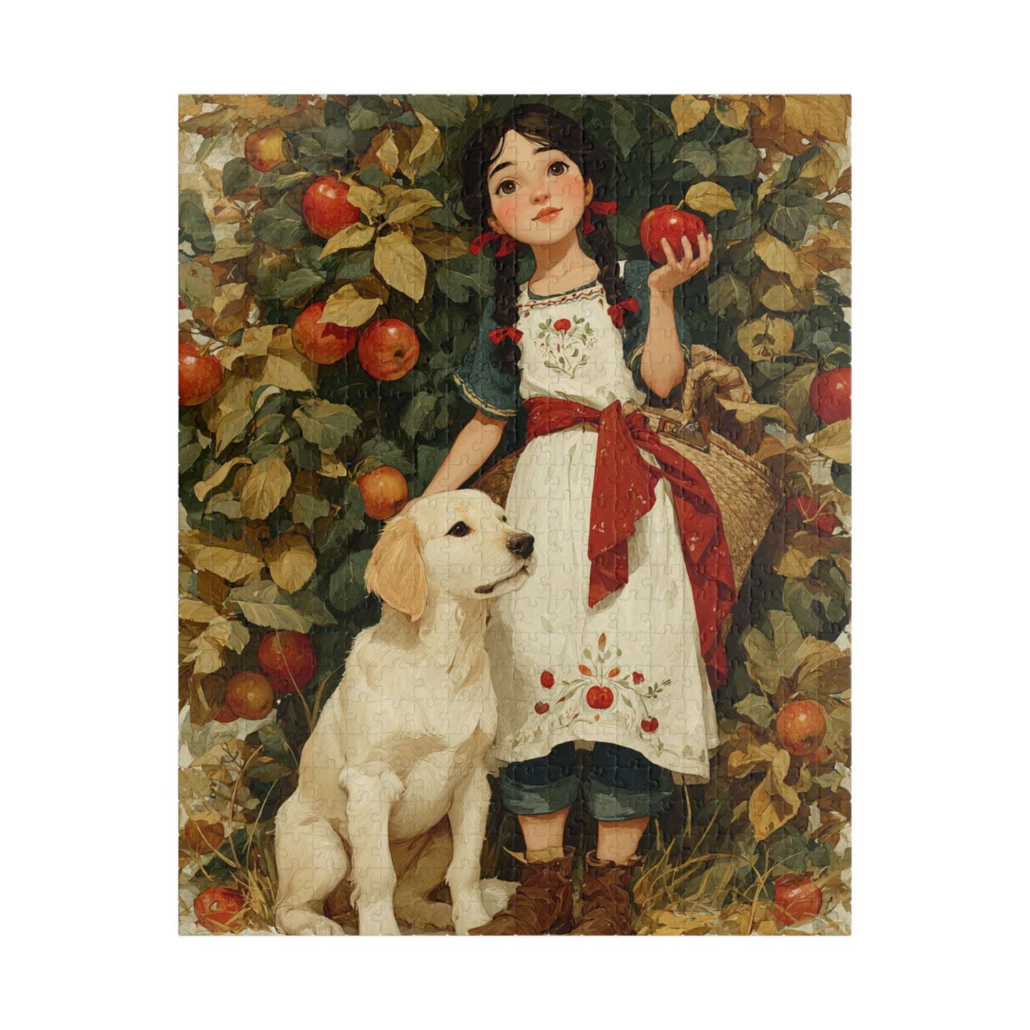 Autumn Orchard Jigsaw Puzzle - Brunette Girl and Dog, Apple Picking Game for Family Night or Solo Fun, Gift, Brain Teaser Puzzle The Puzzle Chest