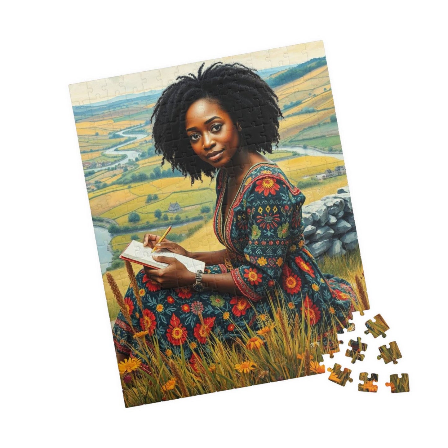 The Sketcher Jigsaw Puzzle - Black Woman Drawing on Hillside, Afrocentric Puzzle Art, African American Artwork 252 pcs (Vertical) Puzzle The Puzzle Chest