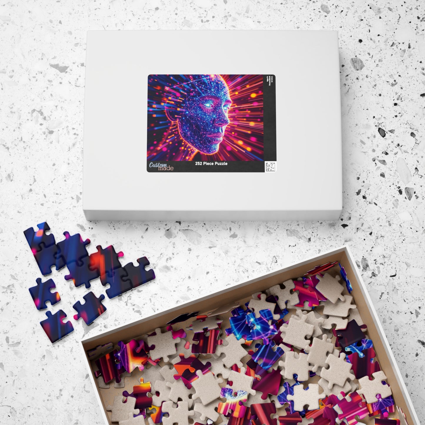 Abstract Human Face Jigsaw Puzzle, Colorful Glowing Electric Lines and Dots Design, Unique Gift for Bold Modern Art Lover Collector Hobbyist Puzzle The Puzzle Chest