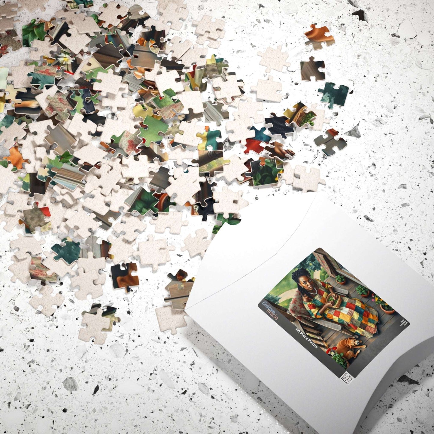 The Homemaker Jigsaw Puzzle – Black Woman Shelling Peas with Dog, Afrocentric Art, African American Artwork Puzzle The Puzzle Chest