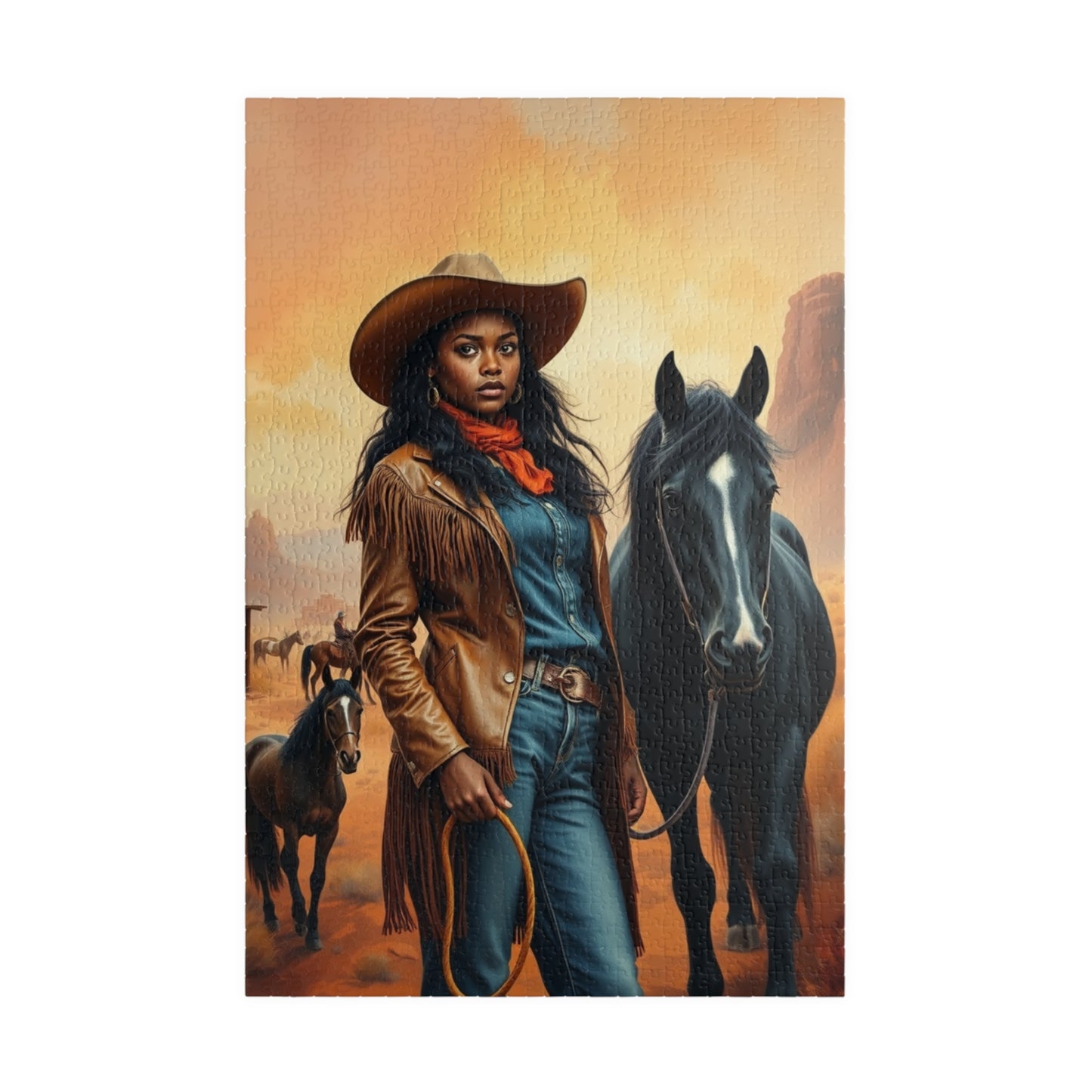 Black Cowgirl Puzzle (110-1014 Piece), Western Landscape with Horse and Saloon Jigsaw Game, Wild West Frontier Desert Scene with Mustangs 1014 pcs (Vertical) Puzzle The Puzzle Chest