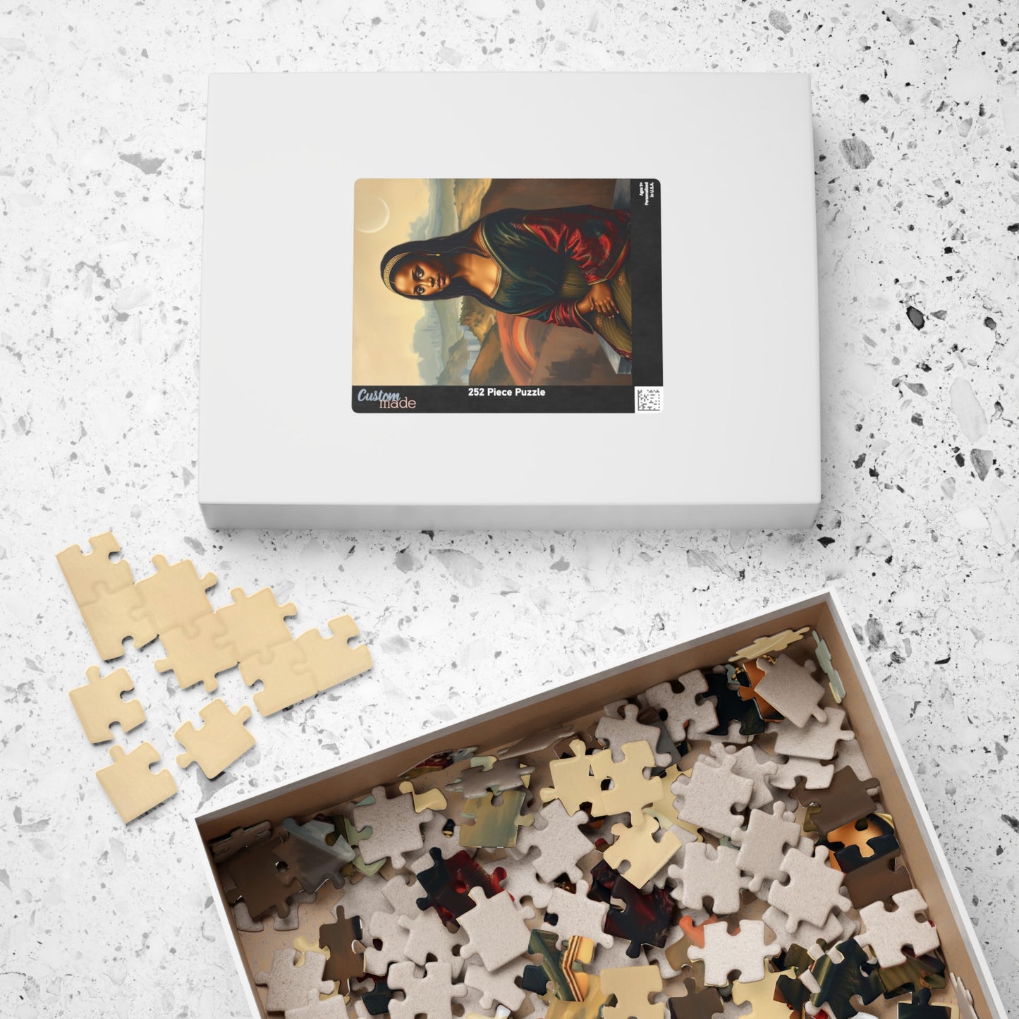 African American Woman Mona Lisa-Inspired Puzzle, Rolling Hills and Cityscape Background Jigsaw Game, Mindful Activity, Puzzle Lover Gift