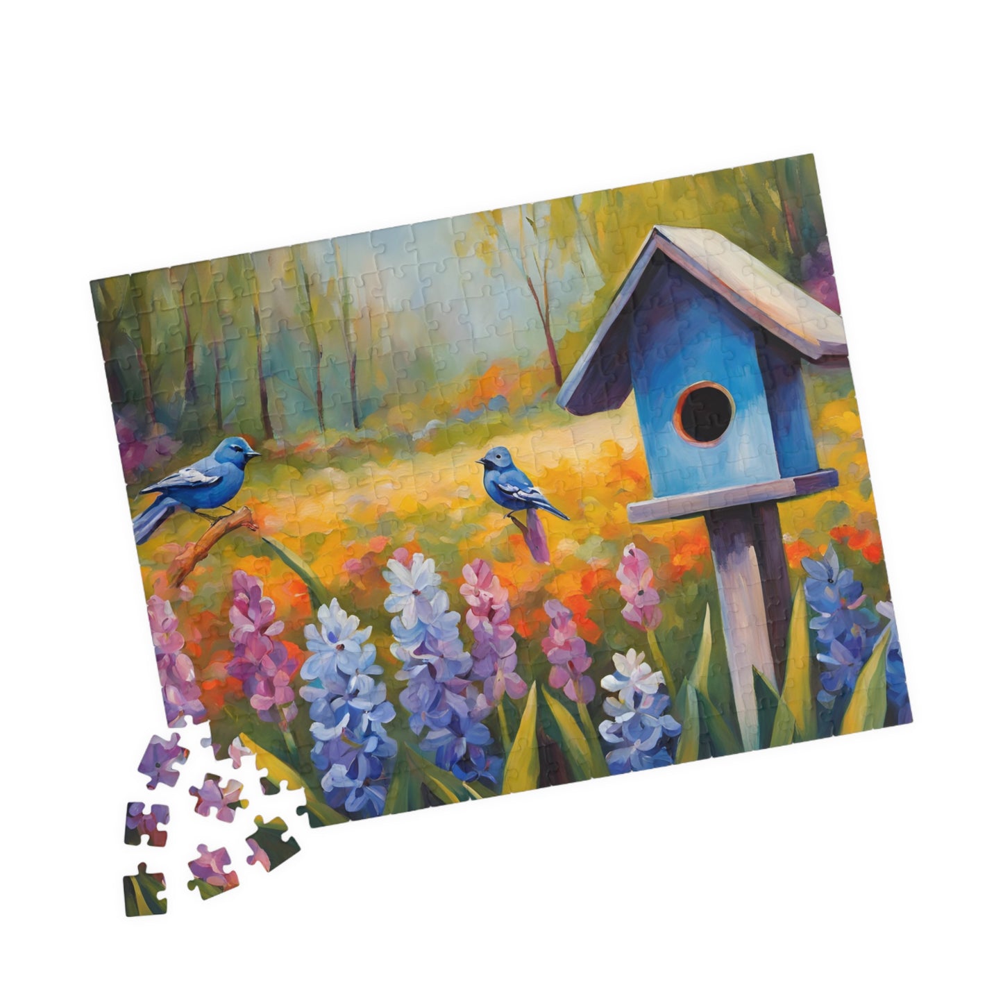 Jigsaw Puzzle, Charming Wooden Birdhouse Surrounded by Blooming Hyacinths and Birds, Mindfulness Activity, Indoor Entertainment, Family Puzzle The Puzzle Chest