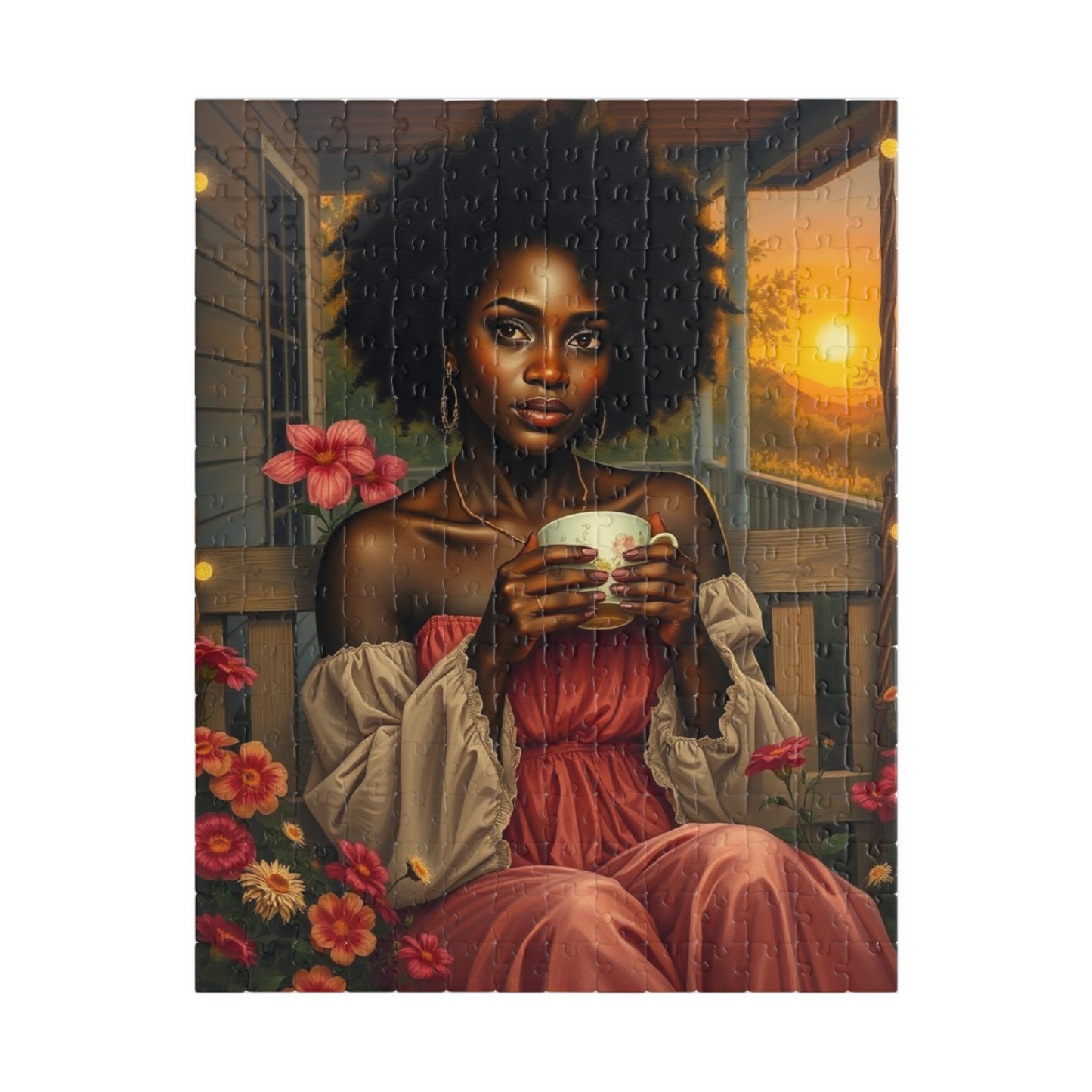 Tranquil Moment Black Art Jigsaw Puzzle, Afrocentric Artwork, Beautiful Black Woman with Coffee, African American Gift Puzzle Lover Hobbyist 252 pcs (Vertical) Puzzle The Puzzle Chest