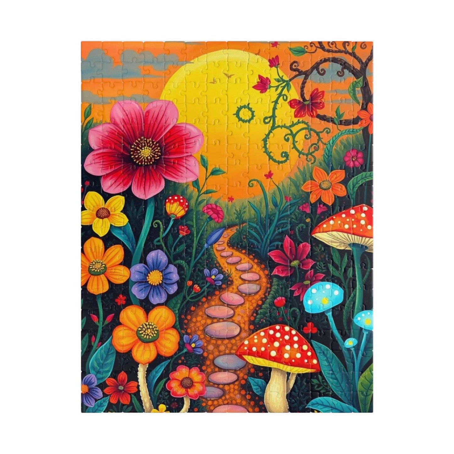 Jigsaw Puzzle, Whimsical Botanical Garden 110, 252, 520, 1014-piece - Flowers, Vines, Mushrooms, Sunset Background, Fantasy Puzzle 252 pcs (Vertical) Puzzle The Puzzle Chest