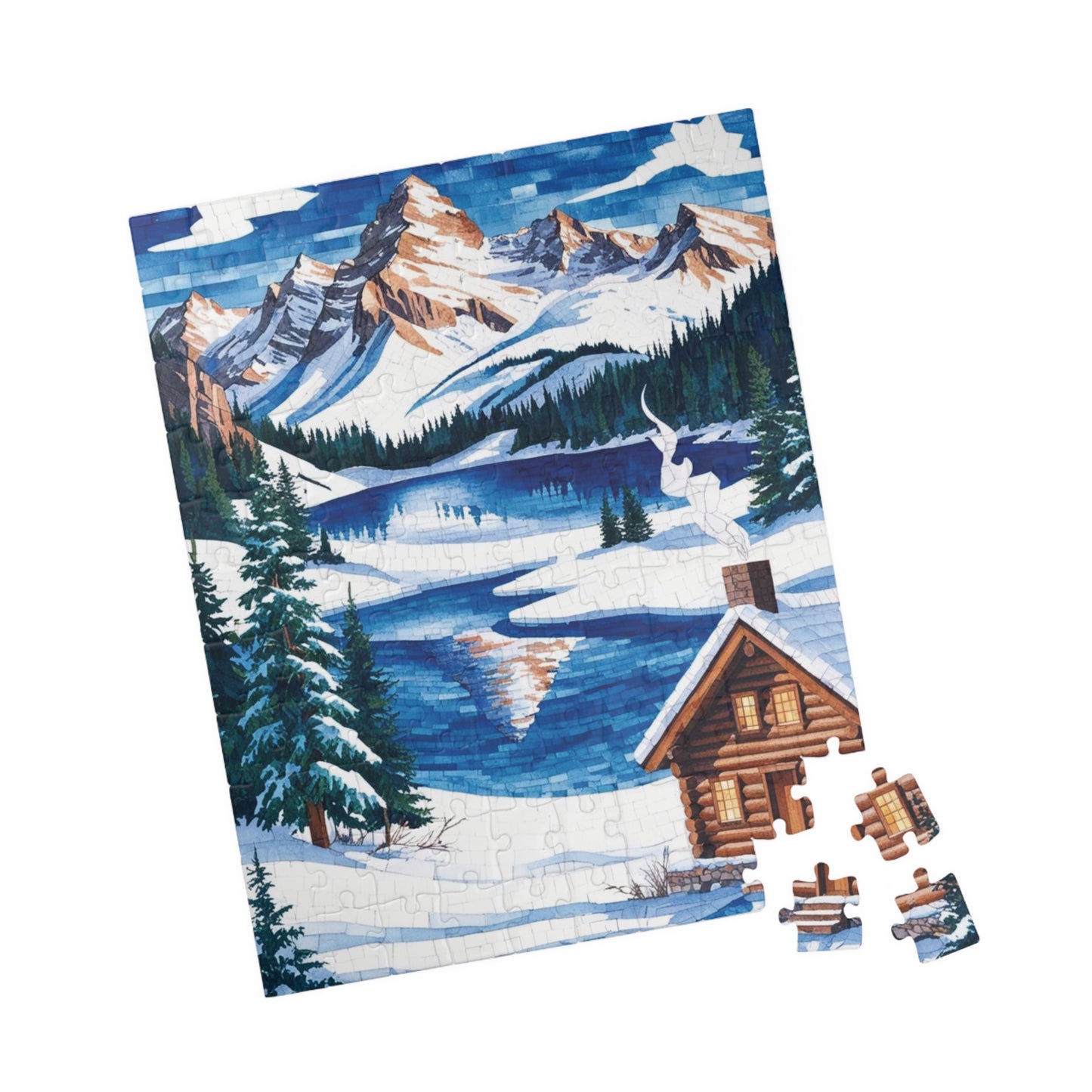 Mosaic Winter Mountain Scene Jigsaw Puzzle, Snowy Cabin Landscape, 520 Piece, Christmas Gift, Relaxation Activity, Wall Art Decor Puzzle The Puzzle Chest