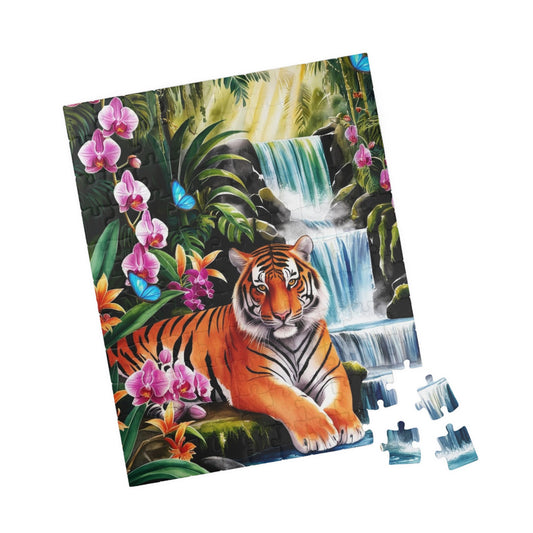 Puzzle, Tiger and Waterfall Scene, Jungle Wildlife Jigsaw, 110-1014 Piece, Relaxing Wildlife Puzzle, Family Fun Activity, Nature Lover Gift 110 pcs (Vertical) Puzzle The Puzzle Chest