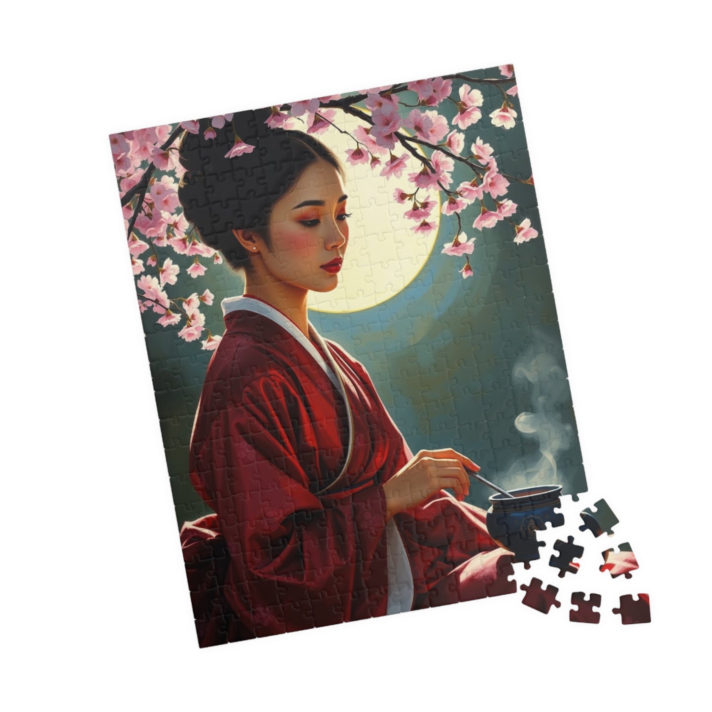 East Asian Cultural Jigsaw Puzzle (110-1014 Piece), Elegant Hanbok-Clad Woman, Traditional Tea Ceremony Under Cherry Blossom Tree, Best Gift Puzzle The Puzzle Chest