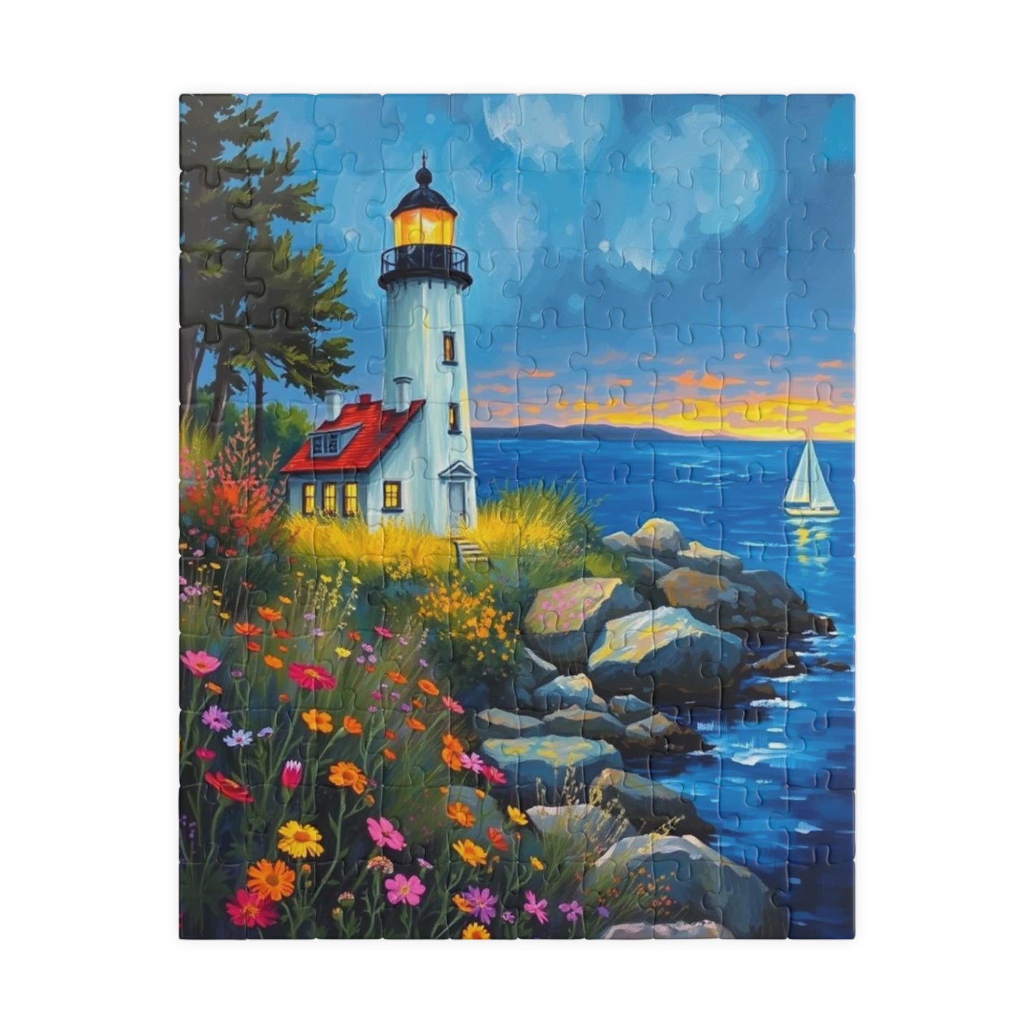 Seabreeze Beacon Jigsaw Puzzle - Coastal Lighthouse, Wildflowers and Sailboats, Family Activity Brain Teaser, Gift for Puzzle Lovers 110 pcs (Vertical) Puzzle The Puzzle Chest
