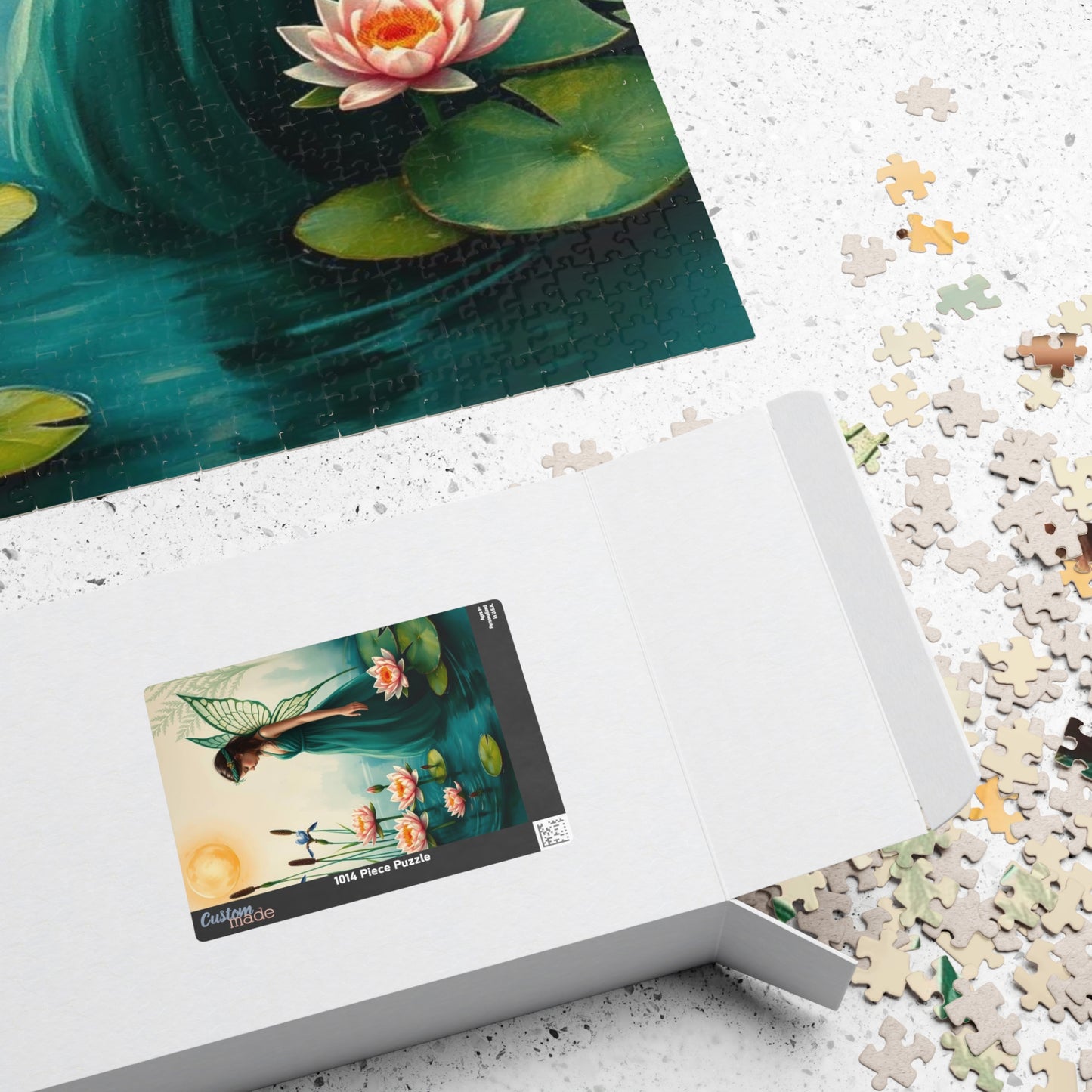 Fairy at the Lily Pond Jigsaw Puzzle - Botanical Fantasy Art in Soft Sage, 110-1014 Piece Mystical Nature Lover Gift, Family Fun Activity