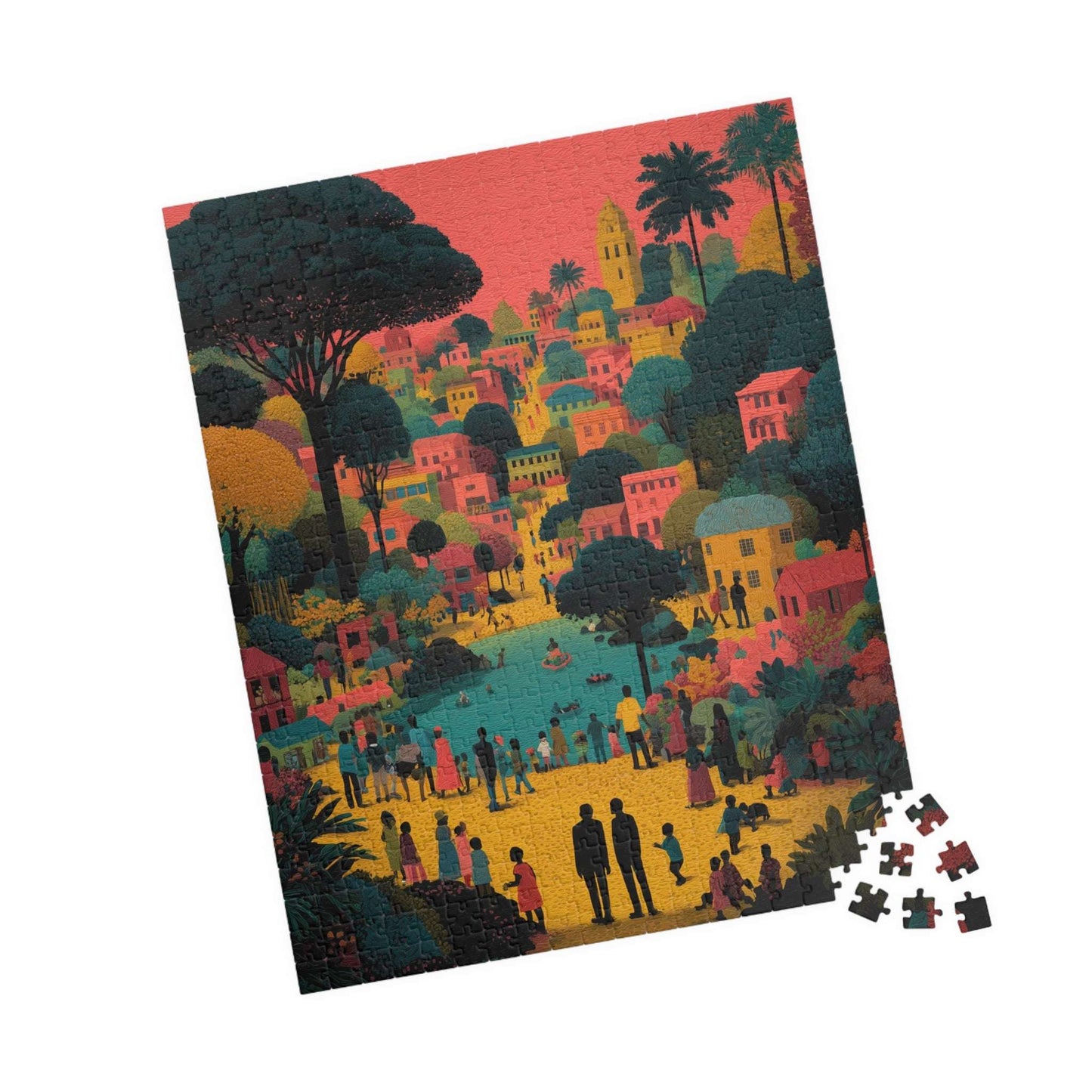 Afrocentric Black Art Jigsaw Puzzle - Vibrant Cityscape with African American Families and Children Playing 520 pcs (Vertical) Puzzle The Puzzle Chest