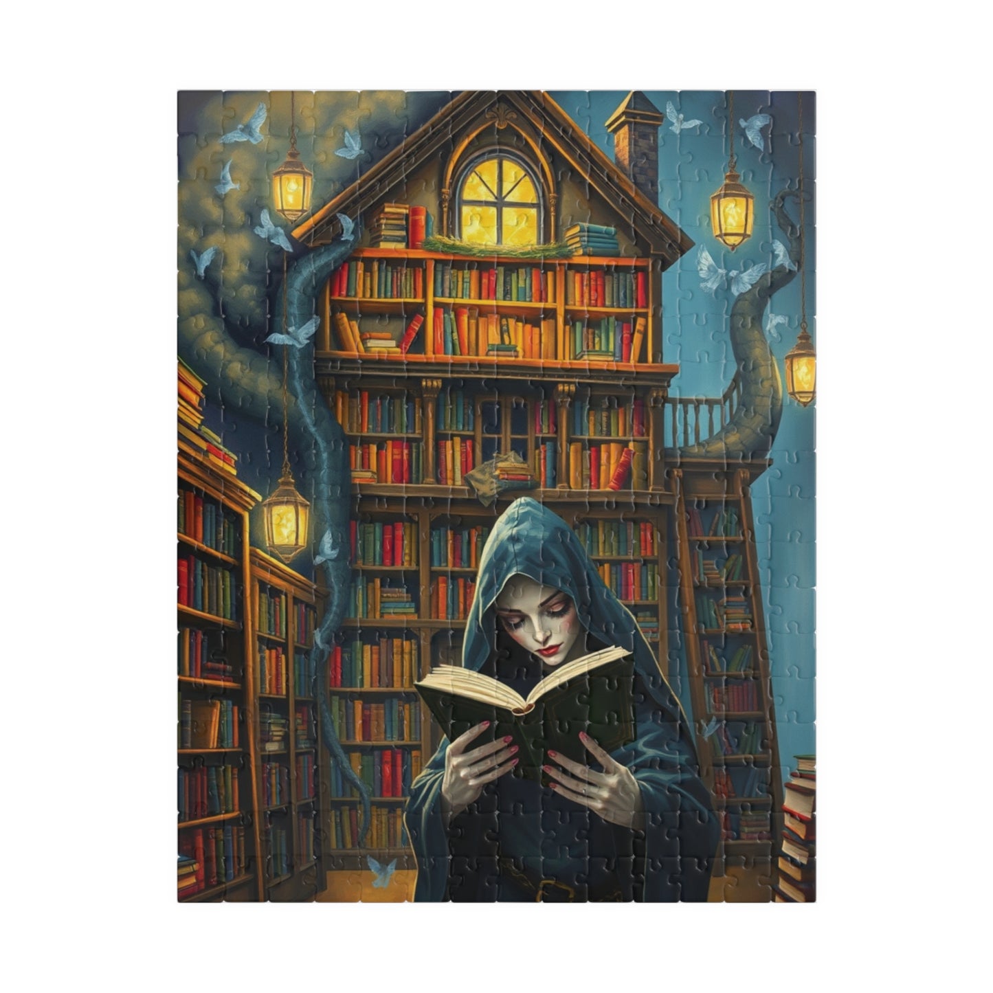 Gothic Bookstore Jigsaw Puzzle, Cloaked Figure Pale Skin Intense Eyes, Dark Fantasy Whimsical, Challenging Adult Tabletop Game, Giftable 252 pcs (Vertical) Puzzle The Puzzle Chest