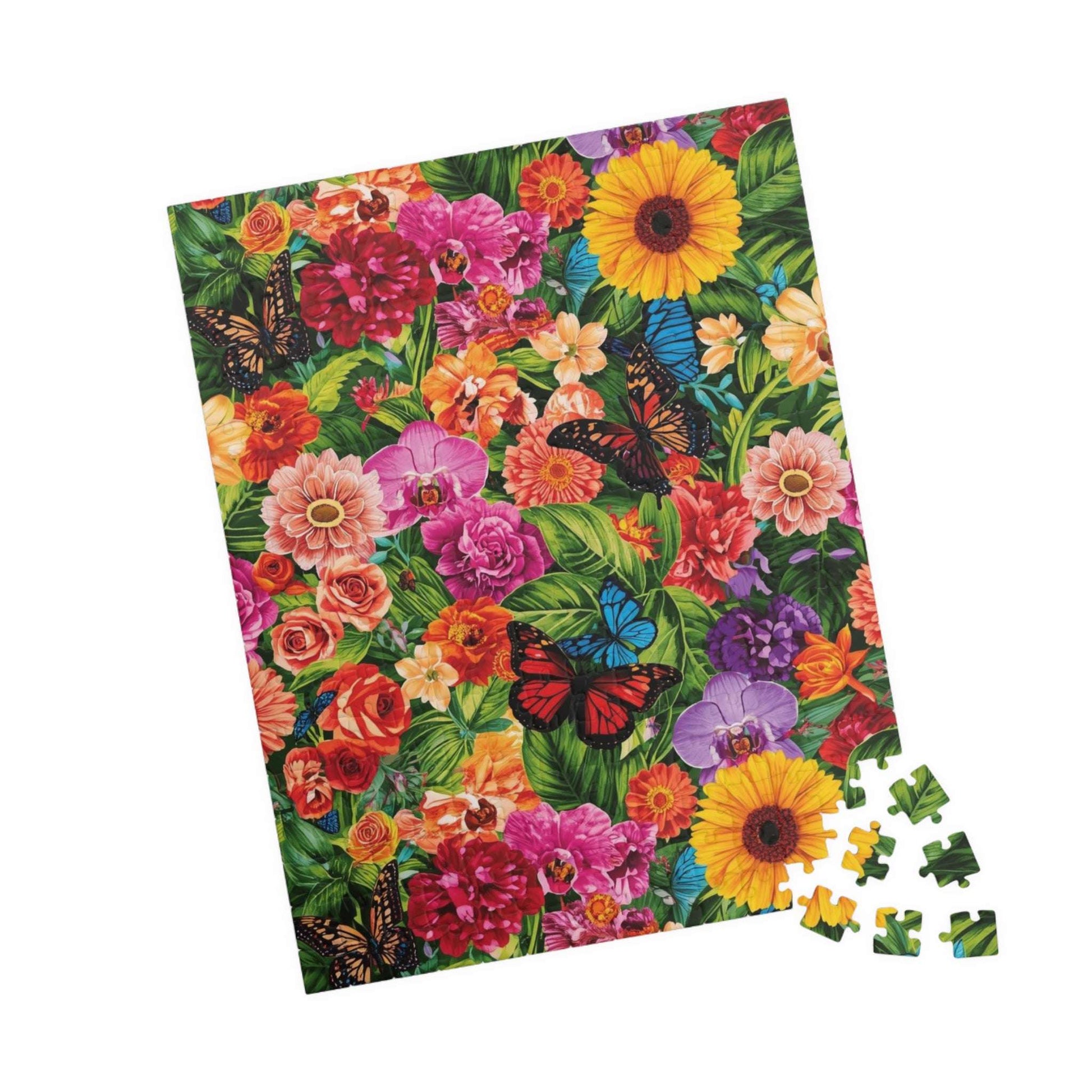 Garden Collage Jigsaw Puzzle – Overlapping Flowers, Butterflies, and Green Leaves in a Vibrant Nature Puzzle 252 pcs (Vertical) Puzzle The Puzzle Chest