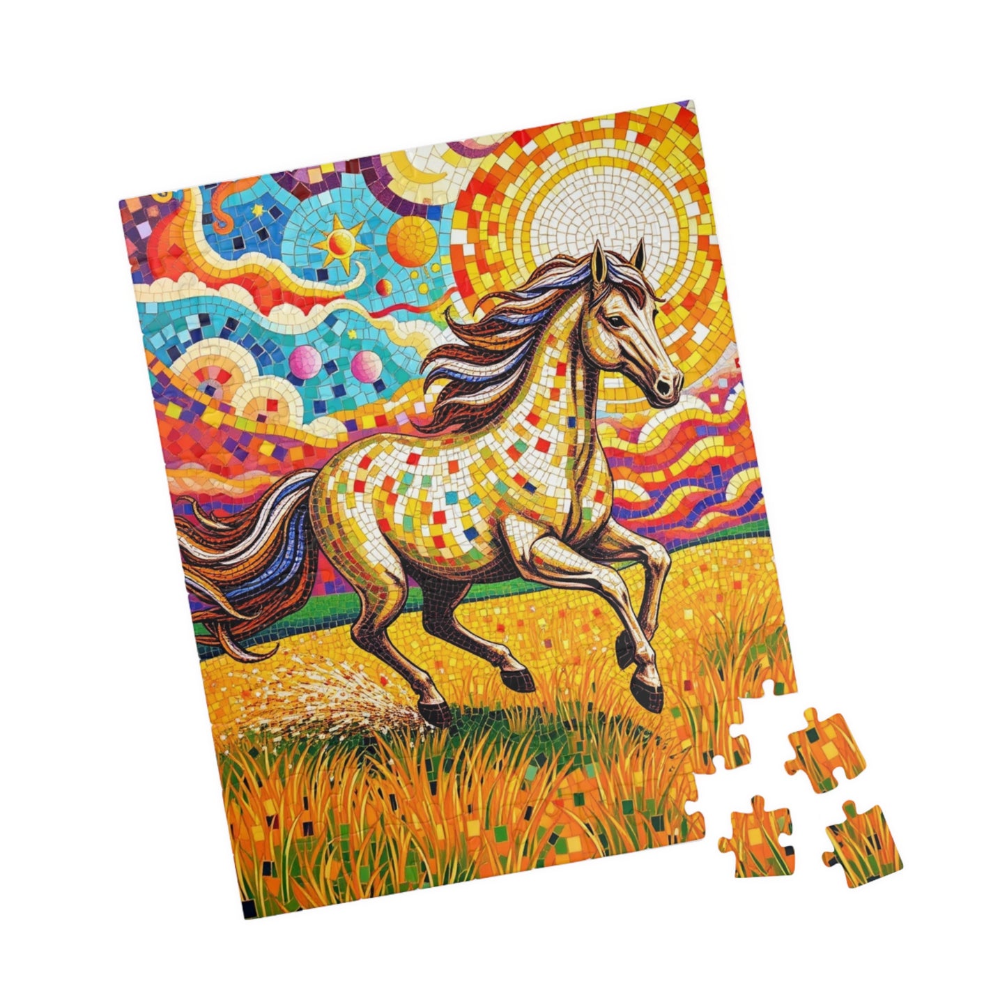 Mosaic Horse Puzzle, Mare Stallion Galloping in Golden Field Jigsaw Game, Relaxation Activity, Entertaining Pastime, Puzzle Fan Hobby Gift Puzzle The Puzzle Chest