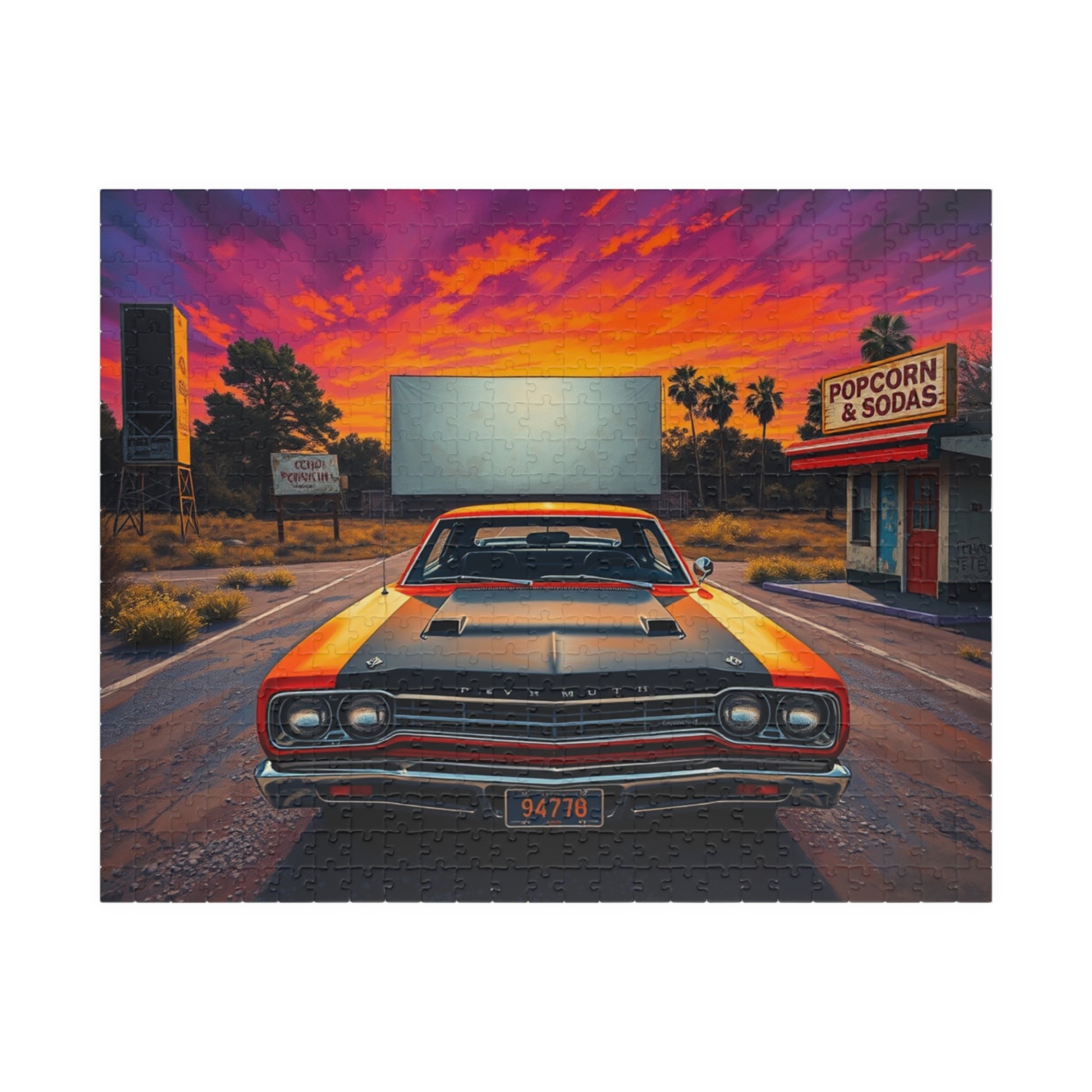 Vintage Car Puzzle, Orange 1969 Road Runner, Sunset Classic Vehicle Scene Nostalgic Drive-In Background 520 pcs (Horizontal) Puzzle The Puzzle Chest
