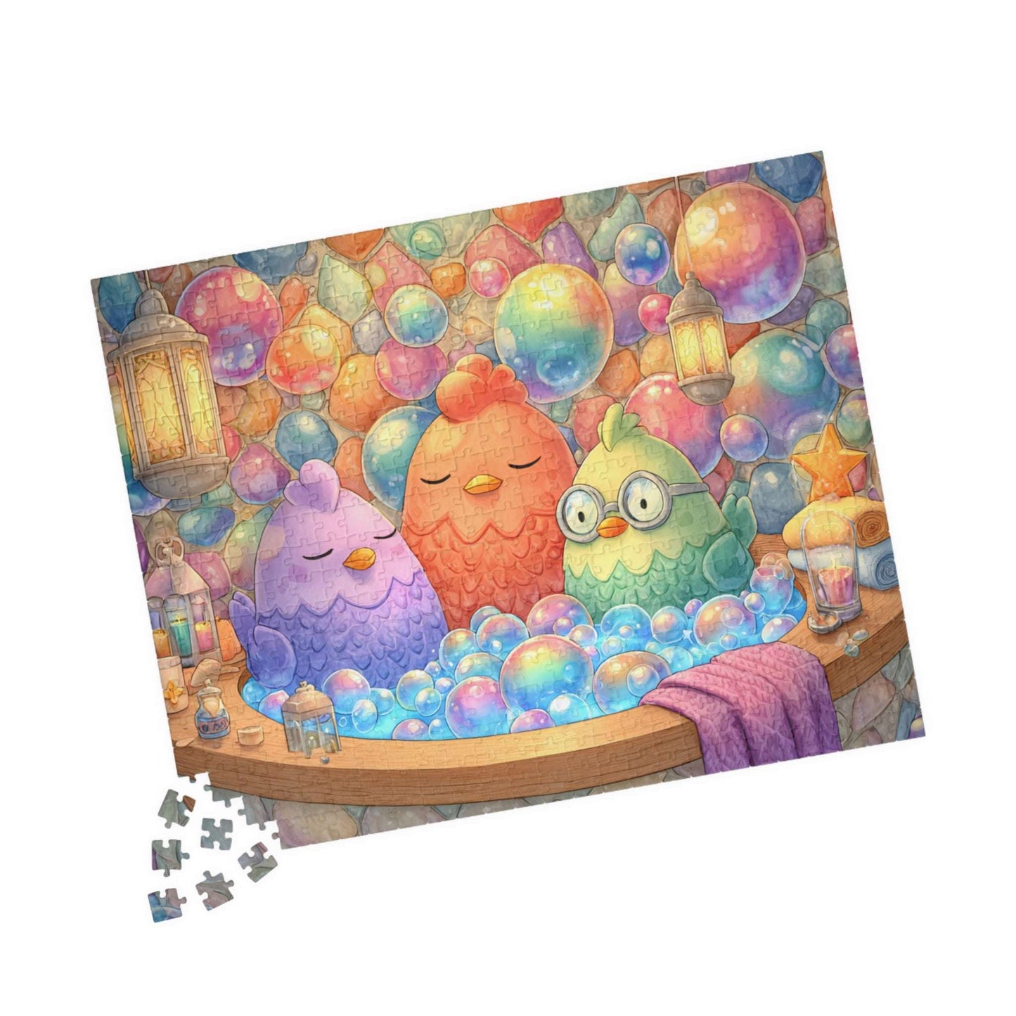 Pastel Bubble Chicken Puzzle – Whimsical Chickens in Rainbow Bubble Bath, Fairy-Tale Farm Animal Jigsaw Puzzle 520 pcs (Horizontal) Puzzle The Puzzle Chest