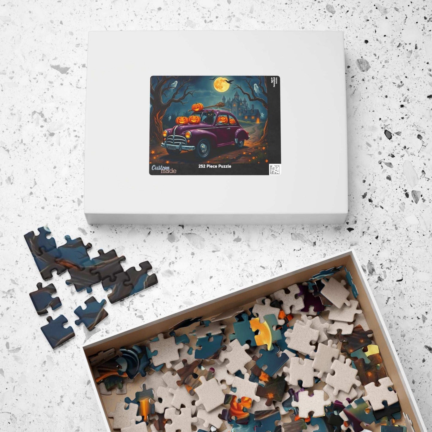 Halloween-Themed Vintage Car Jigsaw Puzzle with Cats, Ghosts and Pumpkins