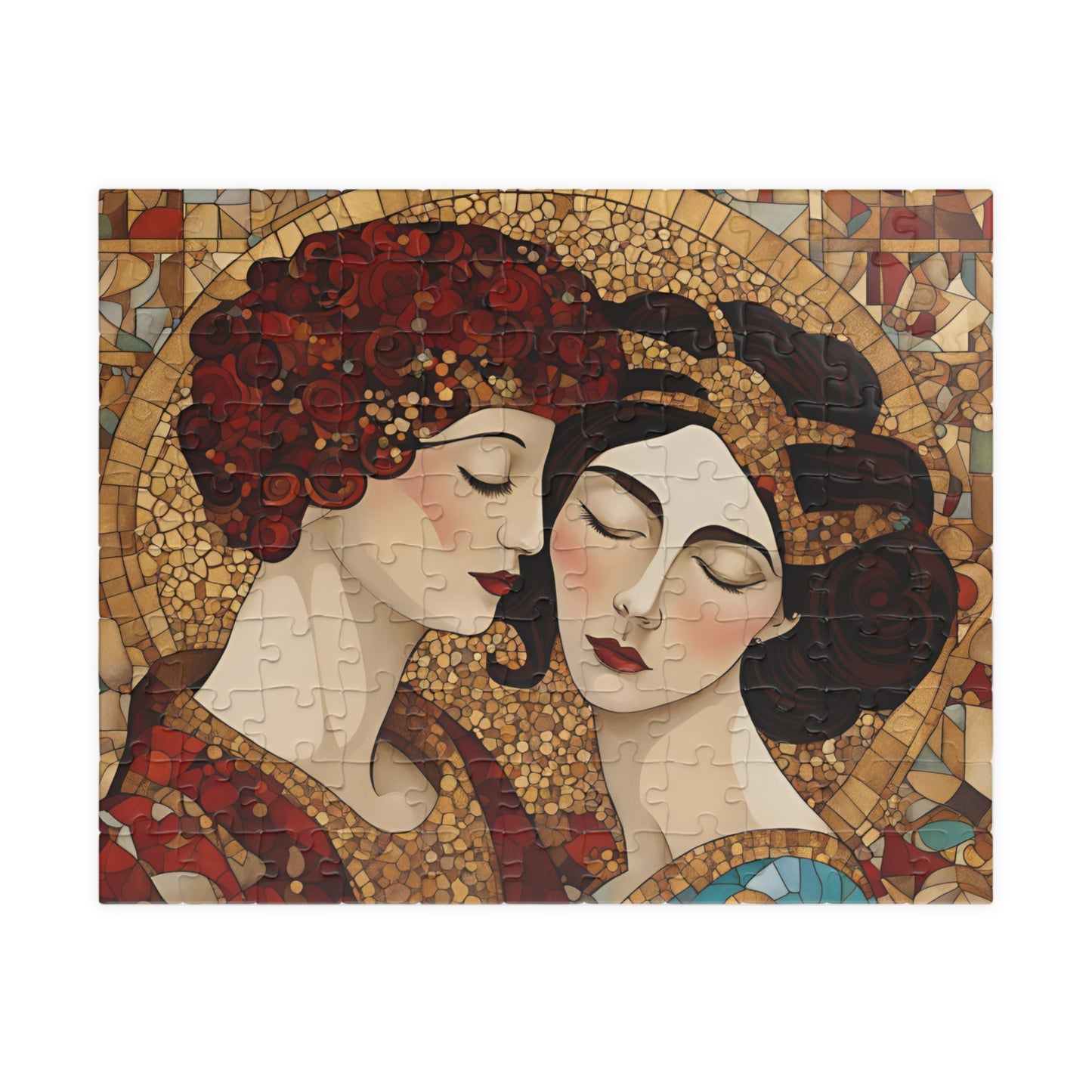 The Kiss Mosaic Jigsaw Puzzle, Klimt-inspired, Gold Accents Floral & Geometric Shapes Entwined Figures, Art Lover Gift Puzzle Enthusiast 110 pcs (Horizontal) Puzzle The Puzzle Chest