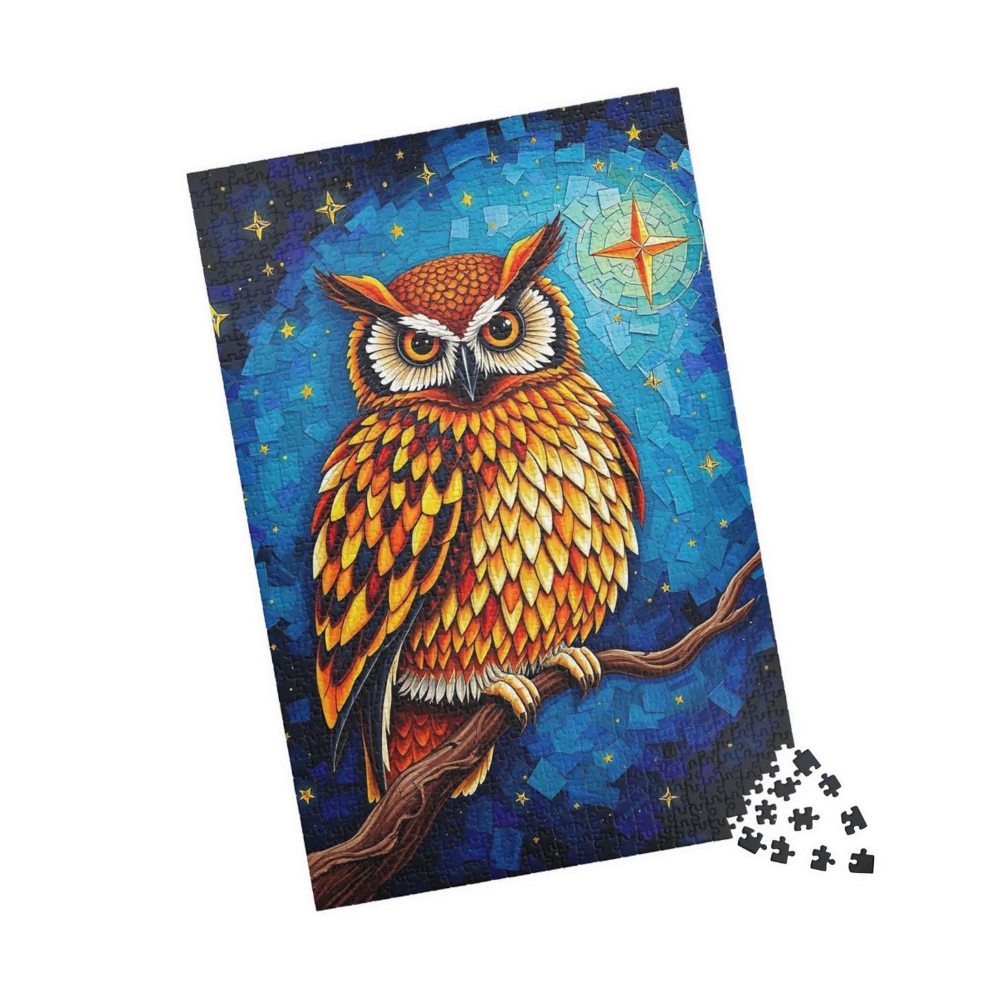 Mosaic Wise Owl Jigsaw Puzzle, Hooter Night Bird Perched on Tree Branch, Starry Sky Background, 110-1014 Piece, Animal Lover Gift, Mindful Puzzle The Puzzle Chest