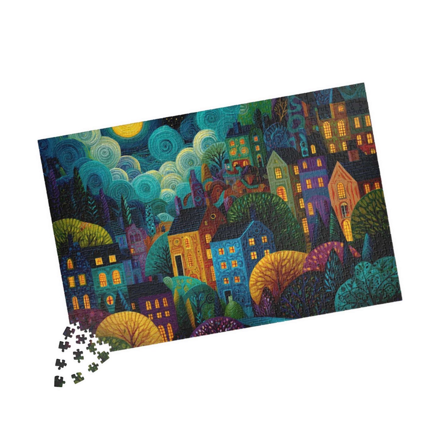 Whimsical Nighttime Village Puzzle - Fairytale Landscape with Colorful Houses, Glowing Windows, and Moonlit Sky 1014 pcs (Horizontal) Puzzle The Puzzle Chest
