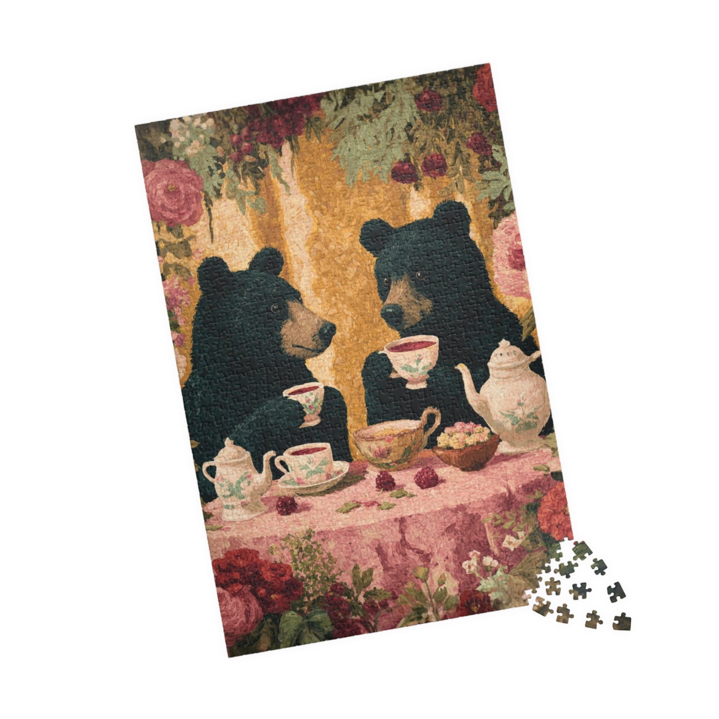 Pretty in Pink – Rosy Bear Tea Party Puzzle with Romantic Cottage Garden Scene, Animal Themed Jigsaw Game 1014 pcs (Vertical) Puzzle The Puzzle Chest