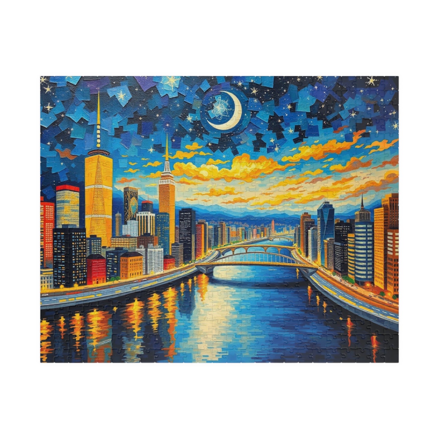 Vibrant City at Night Mosaic Puzzle, Illuminated Skyscraper View, Bustling Urban City Lights Nightscape Jigsaw Game, Fun Family Game Night 520 pcs (Horizontal) Puzzle The Puzzle Chest