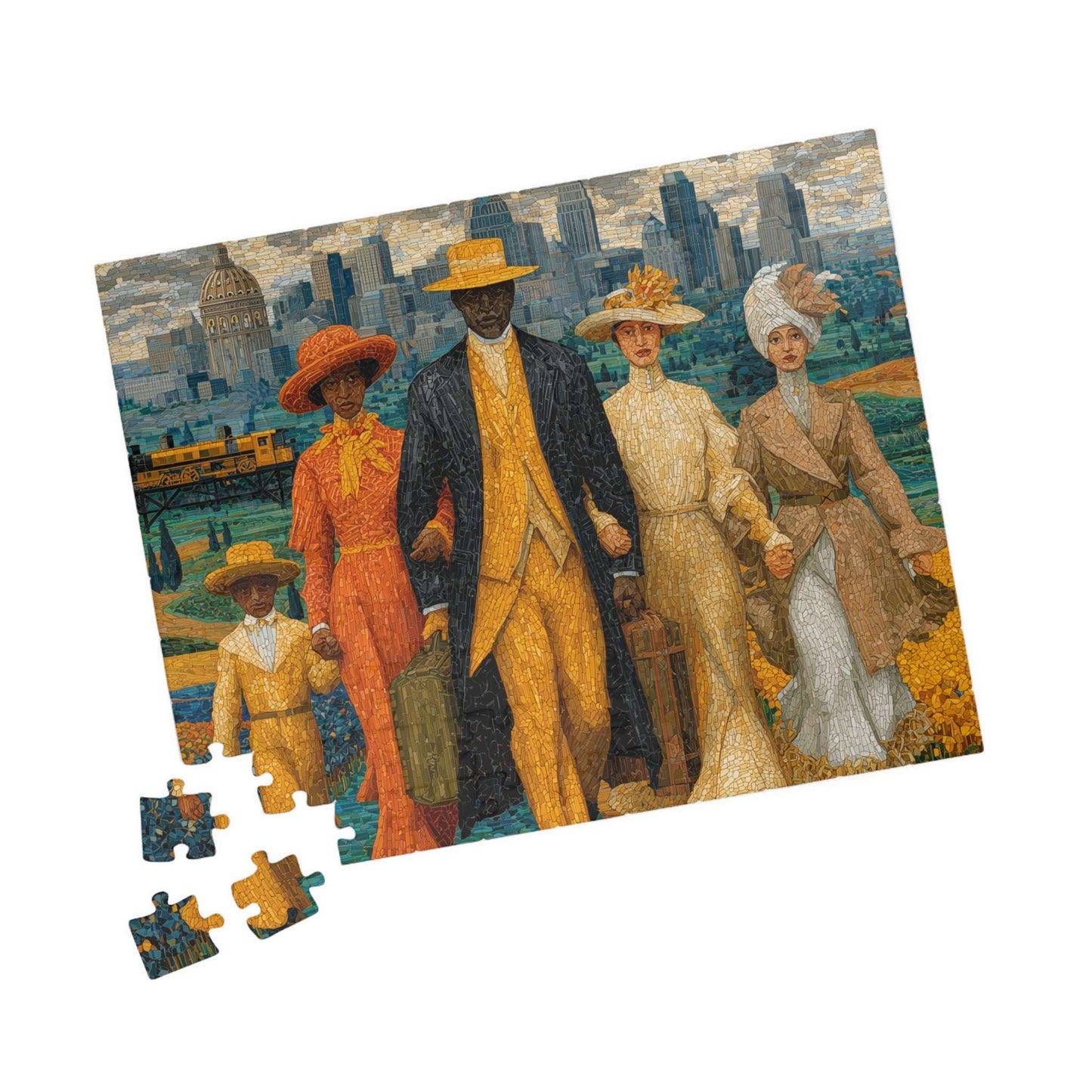 Afrocentric Jigsaw Puzzle - African American Migration Scene with Families, Fields & Urban Background 110 pcs (Horizontal) Puzzle The Puzzle Chest