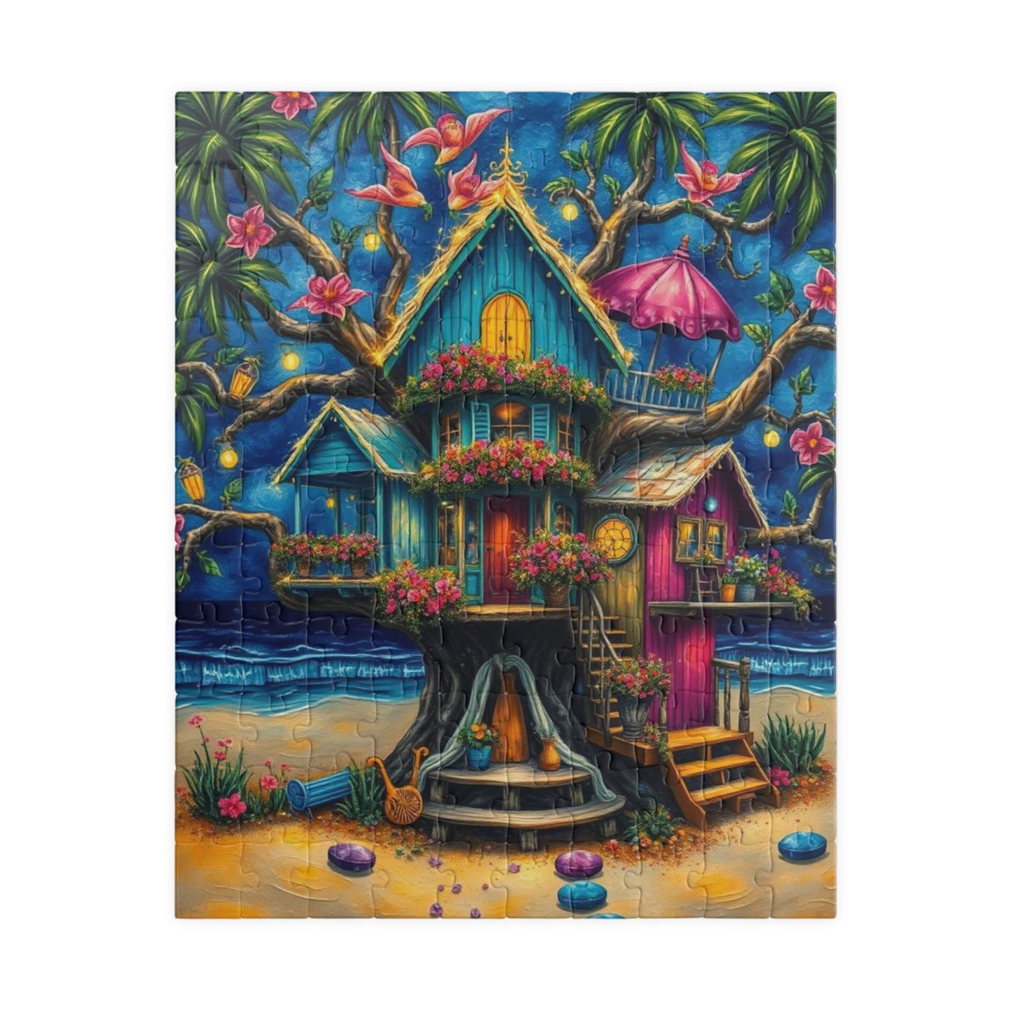 Seaside Hideaway Treehouse Puzzle, 110, 252, 520, 1014-piece Fun Summer Coastal Jigsaw Beach Scene for Family Activity, Puzzle Lover Gift Home Decor 110 pcs (Vertical) Puzzle The Puzzle Chest