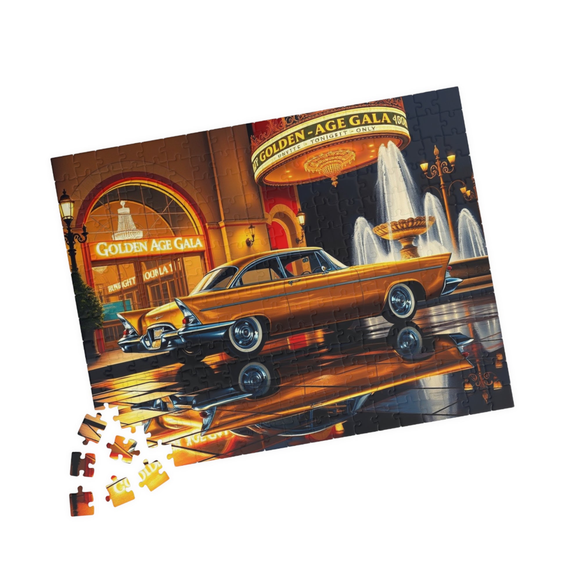 Vintage Car Puzzle - Classic Gold 1957 300C, Retro Vehicle Nighttime Scene Jigsaw Game Puzzle The Puzzle Chest