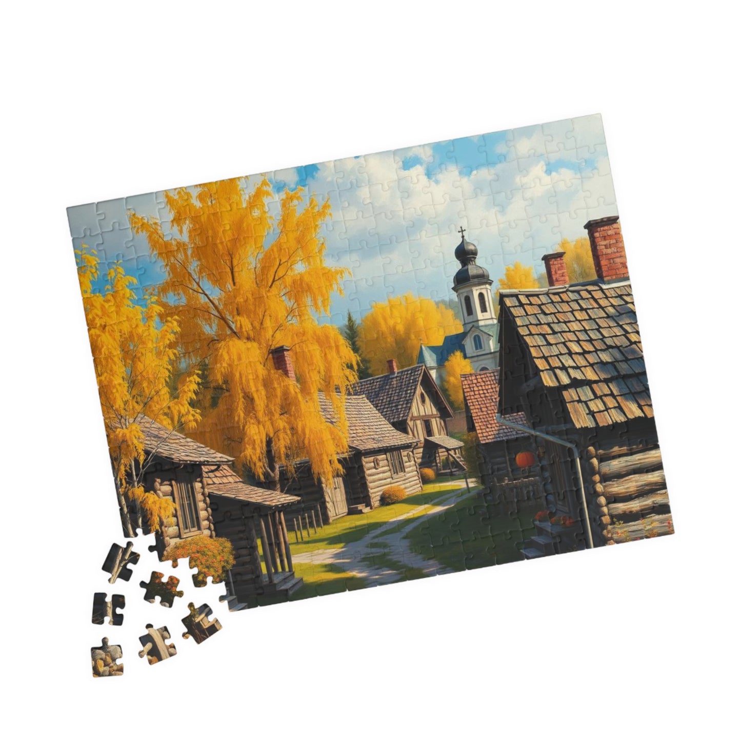Rustic Slavic Village Jigsaw Puzzle for Adults, Autumn Wooden Cottages Golden Birch Trees, Gift for Friends, Family Activity, Creative Hobby Puzzle The Puzzle Chest
