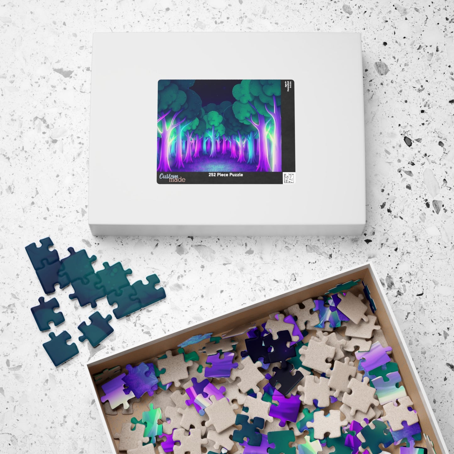 Abstract Forest Landscape Jigsaw Puzzle, Glowing Purple Green Neon Trees, Fantasy Art Puzzle Lover, Quiet Time Leisurely Activity, Fun Hobby Puzzle The Puzzle Chest